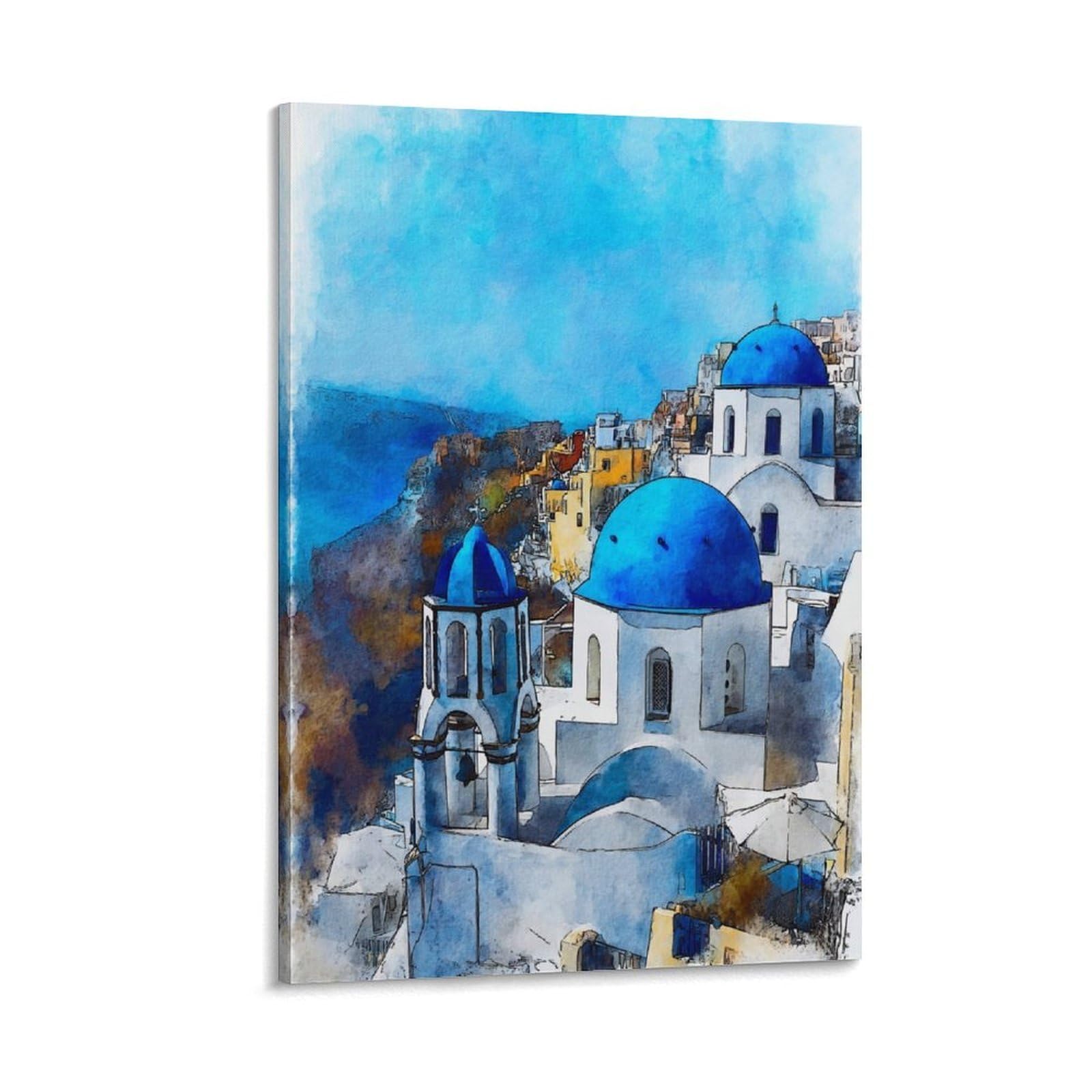 Lcynnh Frame-Style Santorini 20X30inch(50X75cm) Vintage Travel Poster Watercolor Canvas Art