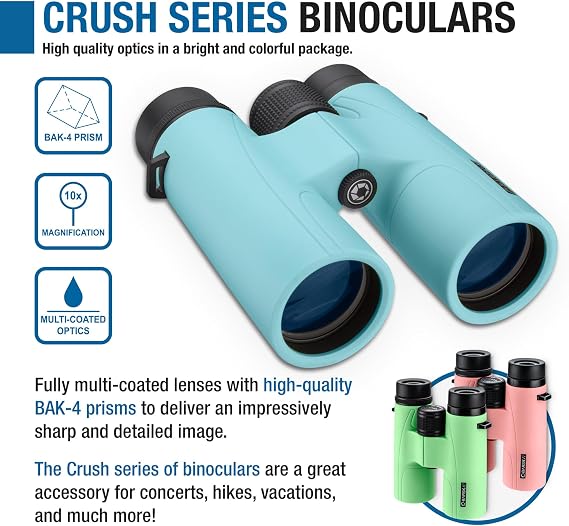 Barska Crush 10x42 Binoculars Lightweight, Compact & Shockproof Design in Bright Colors for Hiking, Travel, Concerts, Sports, Great Gift Idea Case & Strap Included
