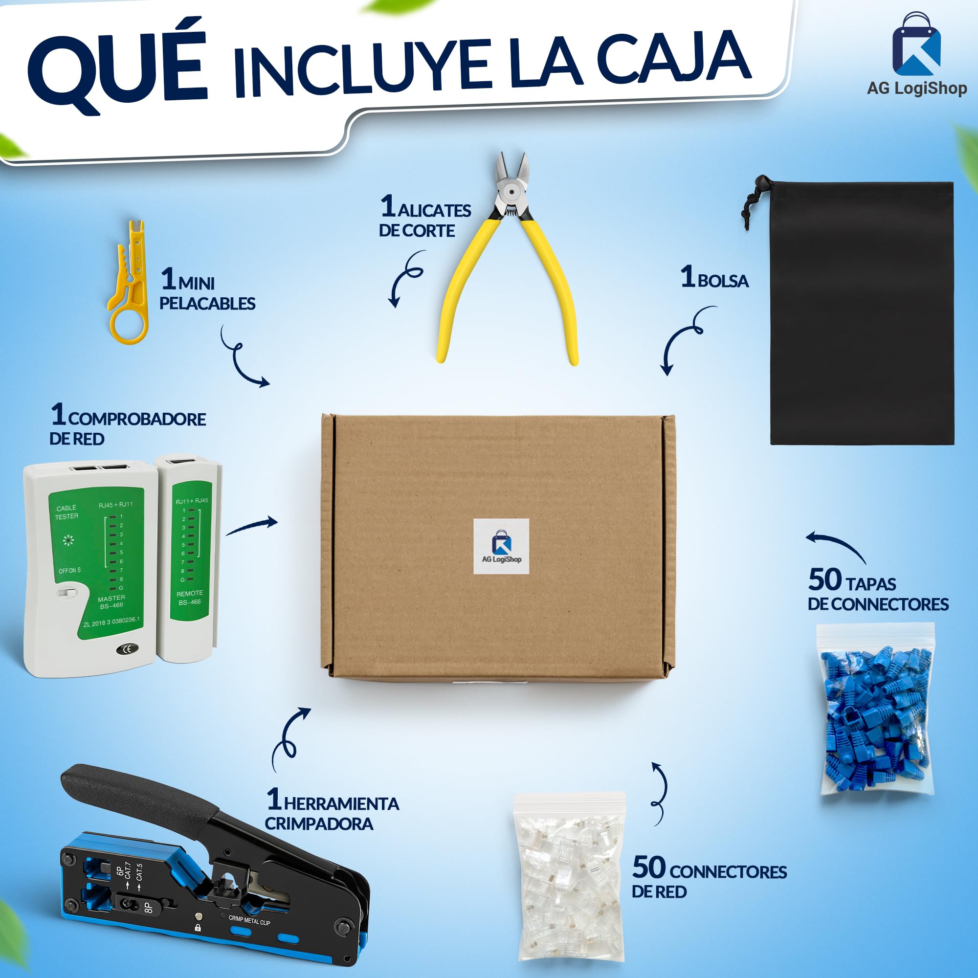 AG LogiShop Kit Herramienta de Crimpado RJ45 + Alicates + Pelacables + Comprobador de Conexión + 50pc Conectores + 50pc Fundas + Bolsa de Almacenamiento | Cat5/5e/6/7 + 6P/8P