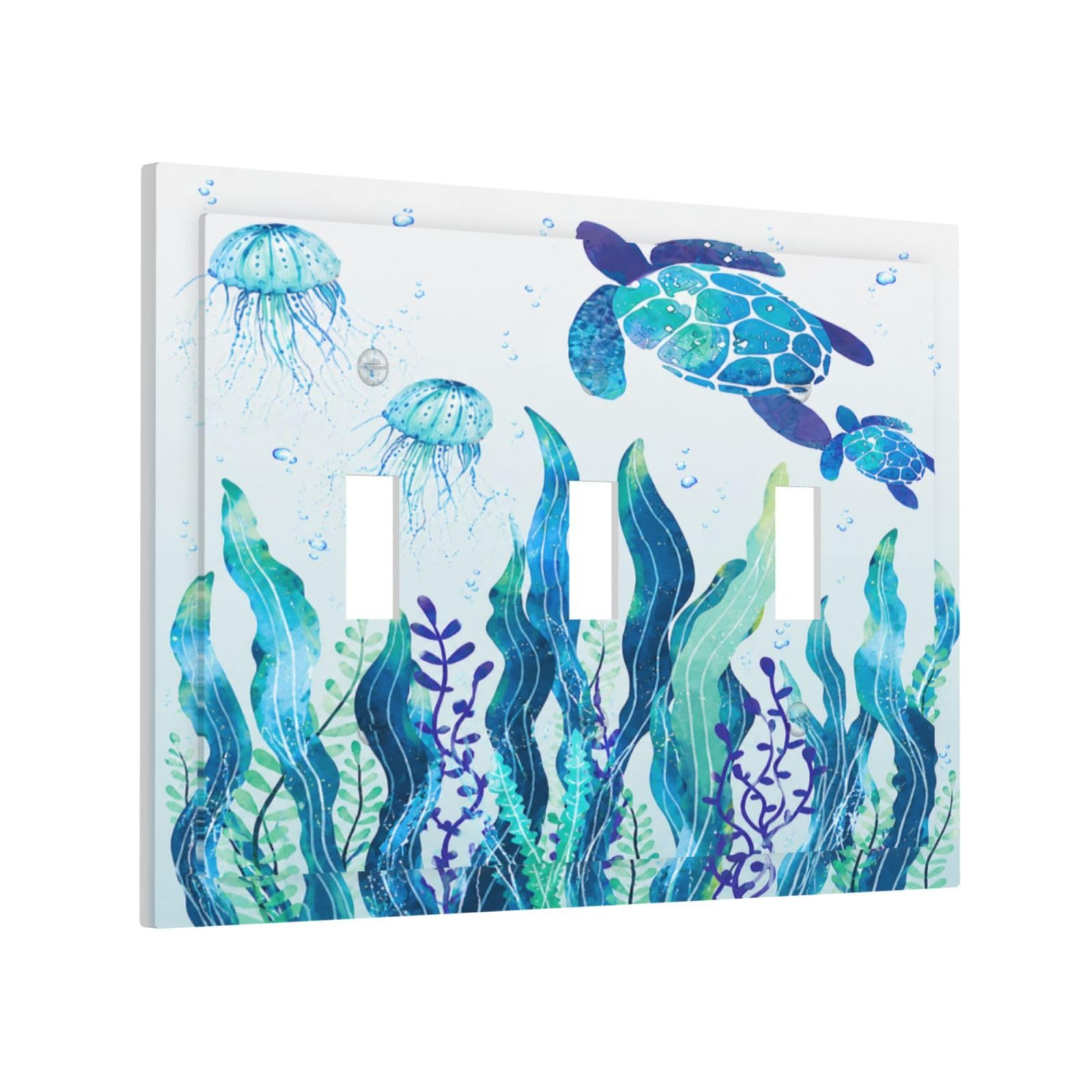 Xuejiaku Decorative Light Switch Cover Plate Teal Sea Turtle Jellyfish Seaweed Underwater Ocean 3 Gang Wall Plates Triple Toggle Switch Plate Covers Outlet Covers Faceplate for Bedroom Home Decor