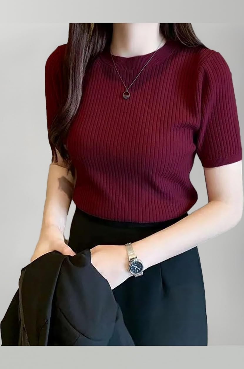 Istyle Can Women Ribbed Slim Fit Top | Stretch Cotton Knit Crew Neck T-Shirt | Solid Casual Short Sleeve Tee for Office, Layering