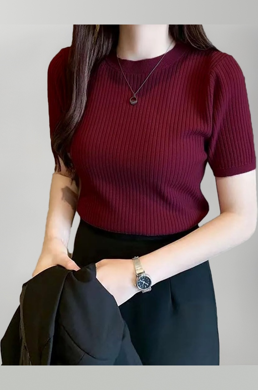 Women’s Slim Fit Solid Rib Knit Stretchable Top | Round Neck Short Sleeve Tee | Plain Fitted T-Shirt for Casual, Office with High Stretch | Regular Top for Girls & Women