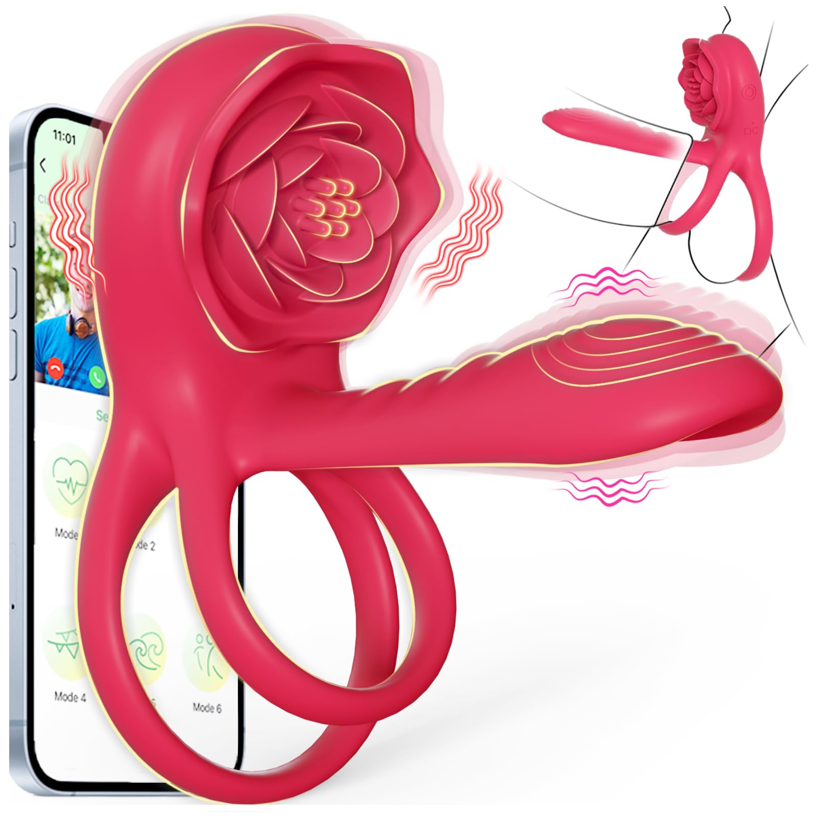 Anillo vibrador para pene con funda y estimulador de clítoris con forma de rosa, anillo vibrador para pene, juguetes sexuales para adultos para hombres y mujeres, juguete sexual para parejas con vibrador para el punto G y el clítoris.
