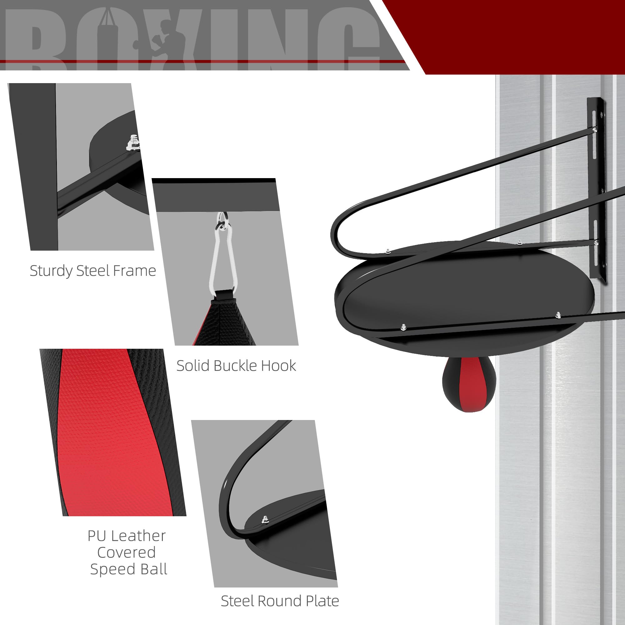 HOMCOM Boxbirne, Boxball, mit Halterung, Drehteller + Pumpe aus Holz, höhenverstellbar, Stahl mit synthetischer Beschichtung