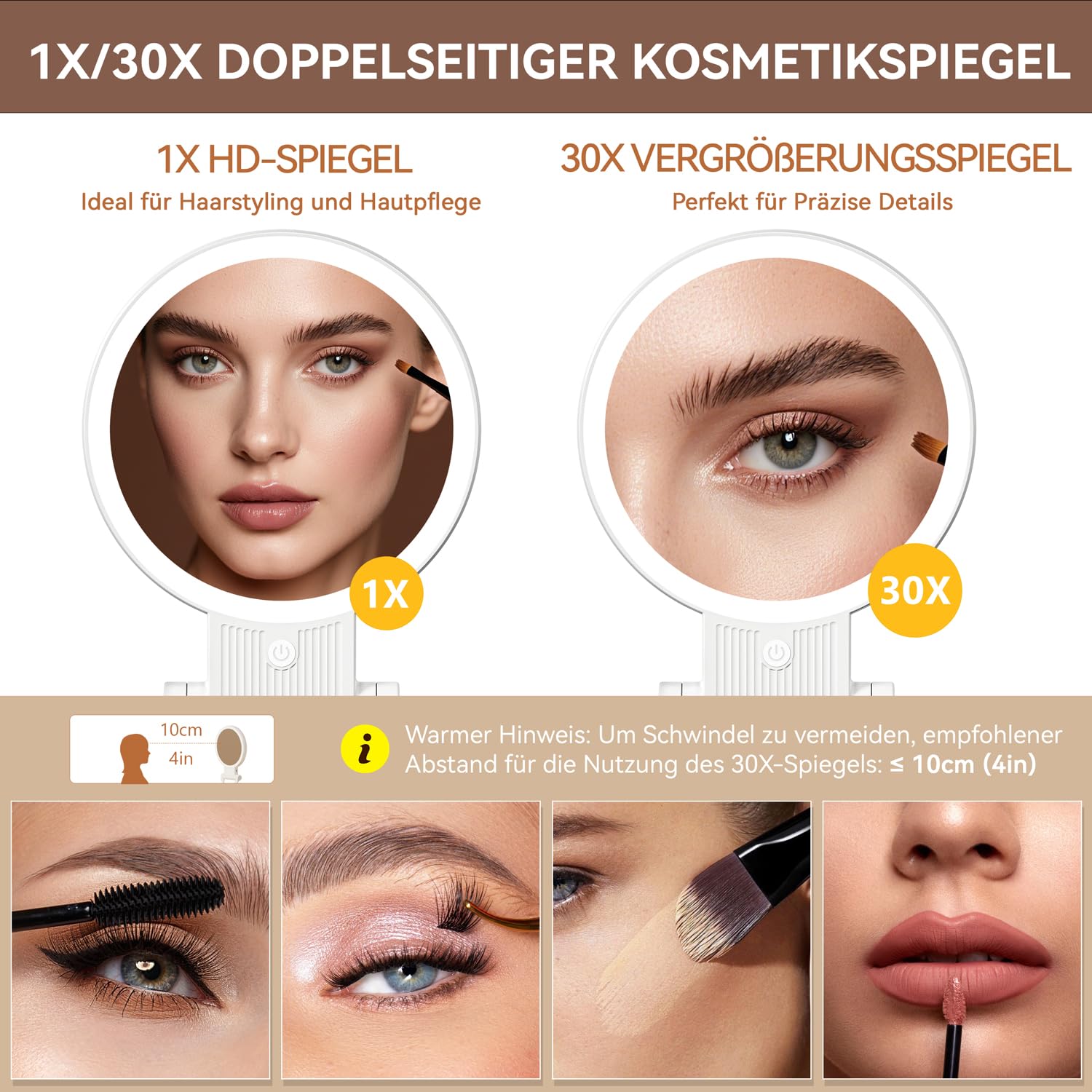 Besuche den Auxmir- Auxmir Kosmetikspiegel mit Beleuchtung, 30X/1X Doppelseitig Schminkspiegel mit Licht, Dimmbar Spiegel Tischspiegel, 3 Farblichter Handspiegel, Faltbar Vergrößerungsspiegel für Zuhause Reise Kosmetik in use