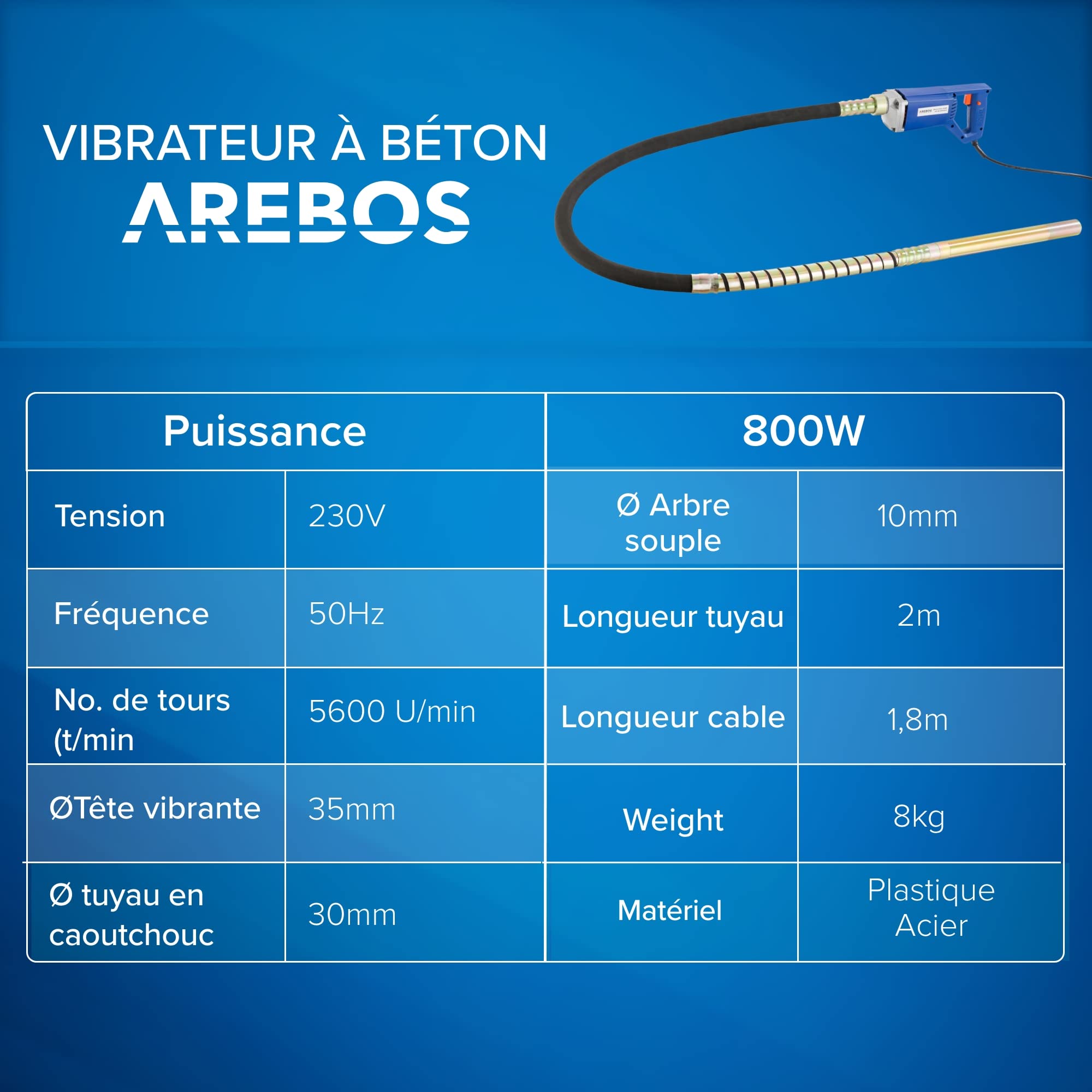 Arebos Vibrateur pour béton | 800W | Vibrateur intérieur | Vibrateur manuel | Bouteille vibrante | Vibrateur pour bouteille | Câble de 2 m | Electrique | Arbre flexible | Fonctionnement continu