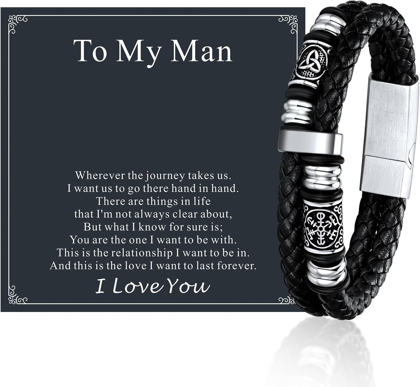 FaithHeart Viking Bracelet for Men, Mens Double-Row Braided Leather Bracelets with Stainless Steel Clasp Viking Compass Bangle Wristband Vintage Norse Mythology Jewelry Gifts for Men with Box