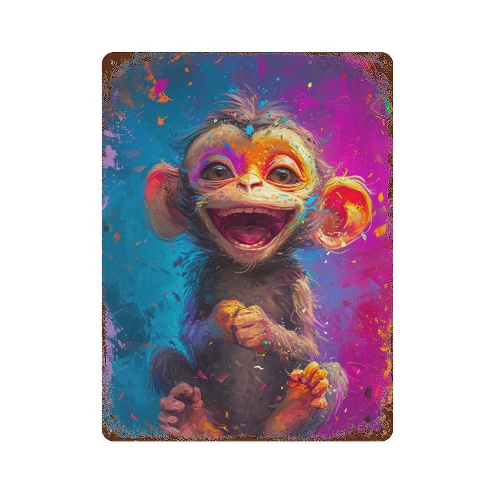 Colorful Monkey Painting Artwork 15.7"x11.8" Decorative Tin Sign, Retro Wall Decor for Bistro, Counter And Cafe Decor
