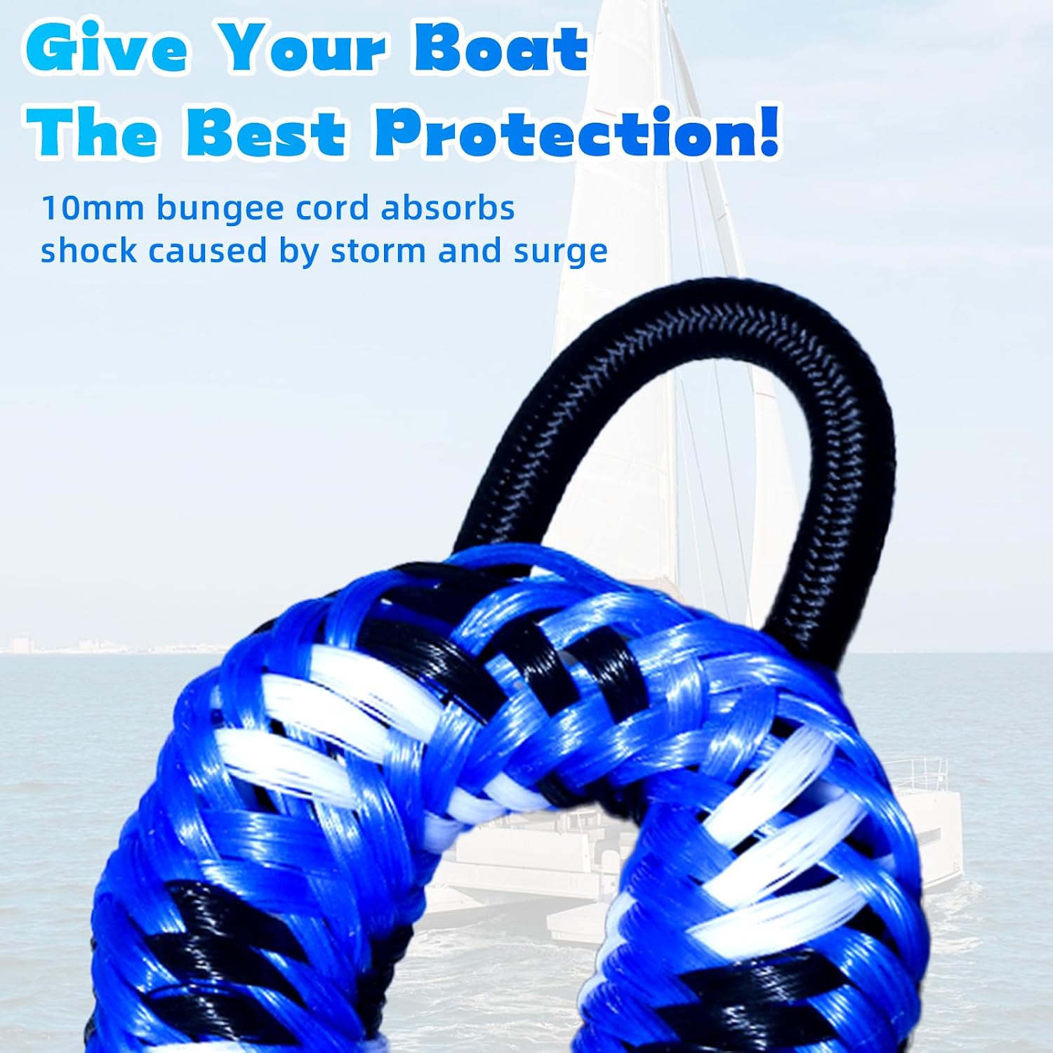 Boat Bungee Dock Lines with Clip 4 Pack Marine Rope Pontoon Boating Kayak Accessories, Blue White