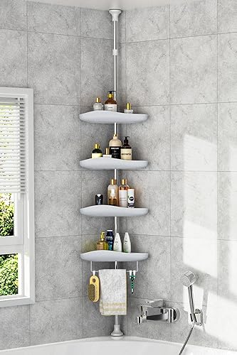 Epicano Estante esquinero de ducha de 56 a 115 pulgadas, estantes de ducha ajustables de 4 niveles con poste de tensión, organizador de ducha