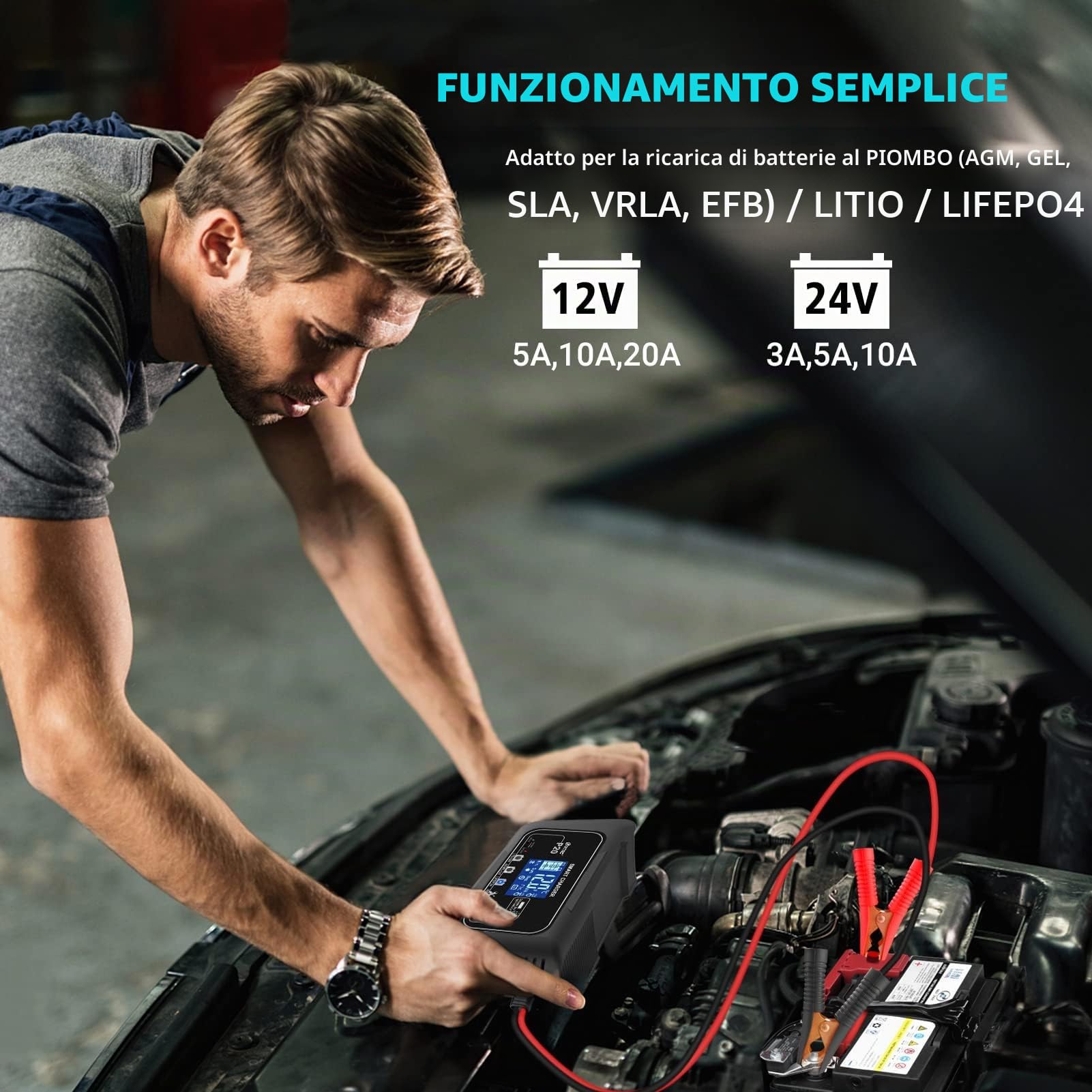 HTRC Carica Batteria per Auto 20A, caricabatterie auto 12V/20A ＆ 24V/10A, Caricatore Batteria Auto, Carica Batteria Auto per Barche SUV Litio, LiFePo4 e Piombo Acido(AGM, GEL, MF, EFB, SLA, WET)