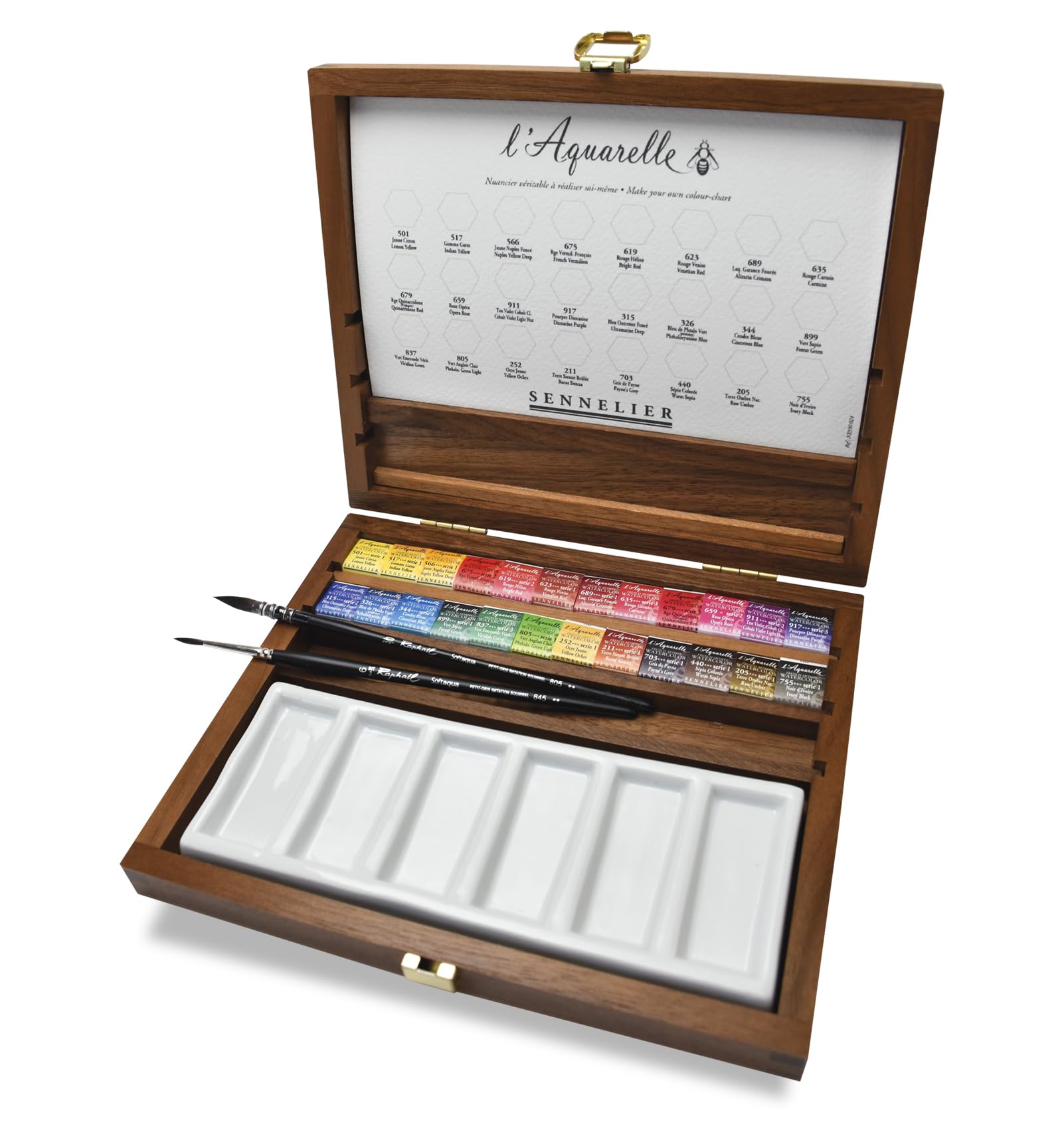 Sennelier L'Aquarelle Wood Watercolor Half Pan Set | 24 Half Pans, Porcelain Palette, Brushes Size 2 & 3