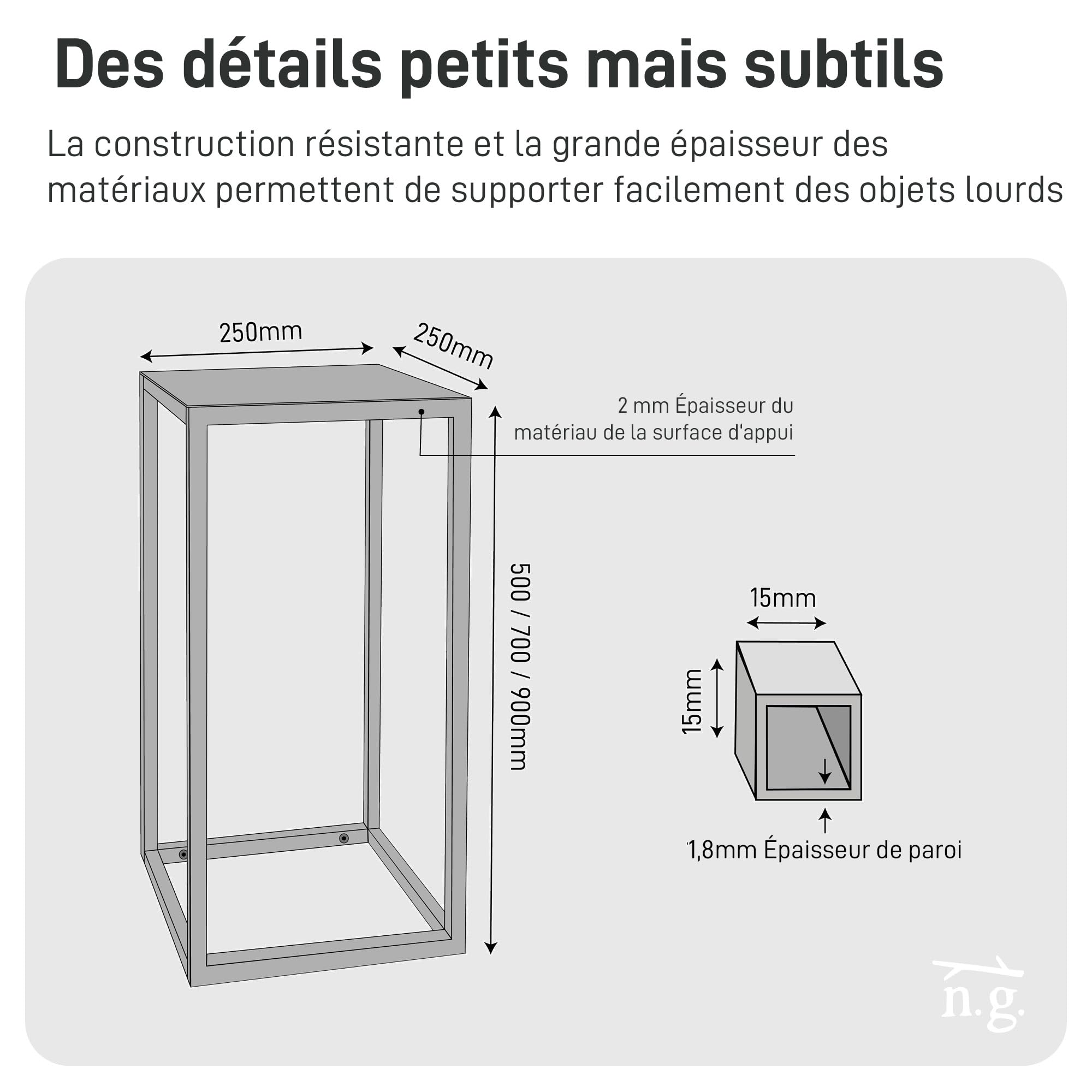 Natural Goods Berlin 1x support pour plantes RECHTECK, tabouret à fleurs carré en métal, pour l'intérieur et l'extérieur, table d'appoint, résistant aux intempéries (Noir, 70cm)