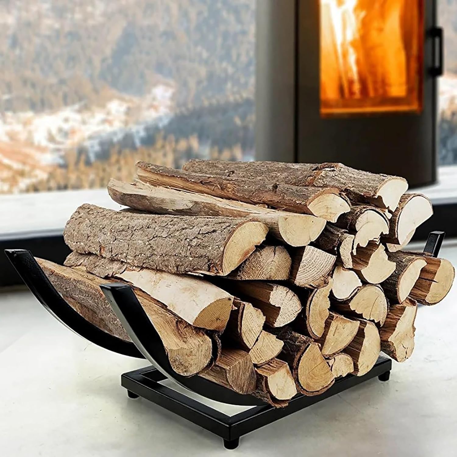 Curved Firewood Rack: Indoor/Outdoor for Fireplace Wood Storage - Fireplace Wood Rack Log Holder - Metal Lumber Storage Carrier Organizer,