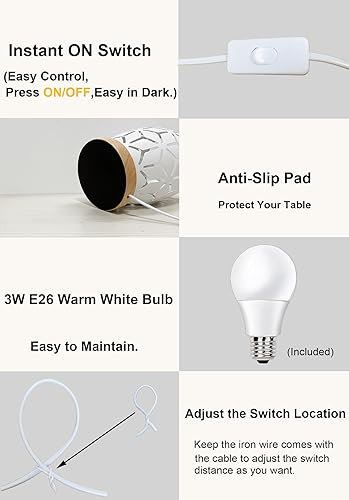 Miniatura 9 de AFORTLO Lámpara de escritorio, pequeña mesita de noche decorativa bohemia, luz de noche, base de madera, romántica lámpara de jaula de metal hueco