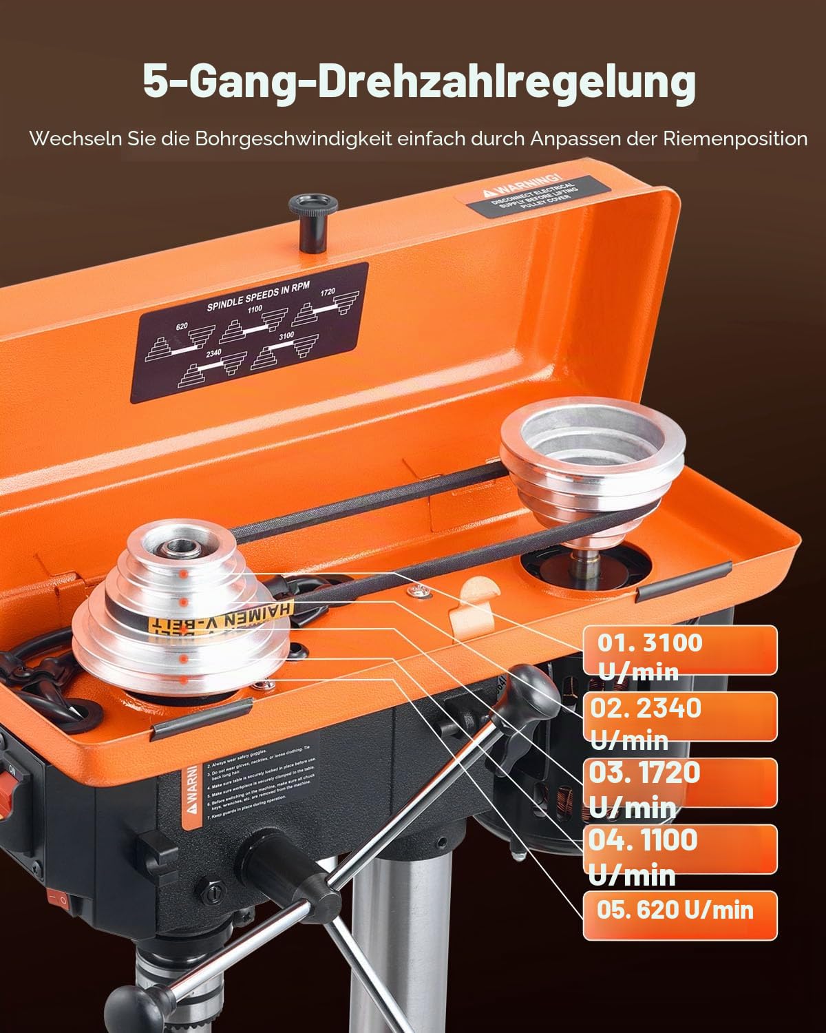 VEVOR 203mm Tischbohrmaschine, 500 W Induktionsmotor, Tischbohrmaschine mit 550/950/1450/1950/2500 U/min einstellbarer Geschwindigkeit, 0-45° neigbarer Arbeitstisch, LED-Arbeitsleuchte, für Holzmetall