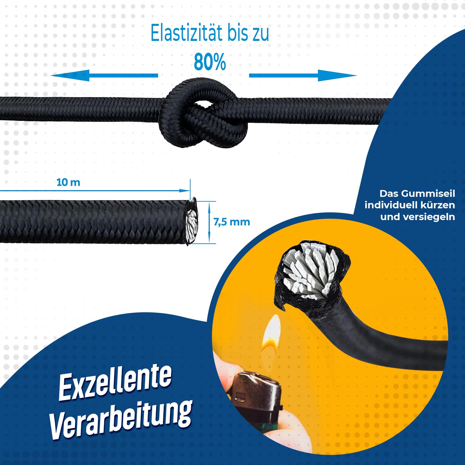 Sangle Corde élastique 10 m Corde extensible 7,5 mm Cordon en caoutchouc pour remorque avec 10 serre-câbles et 20 boutons de bâche