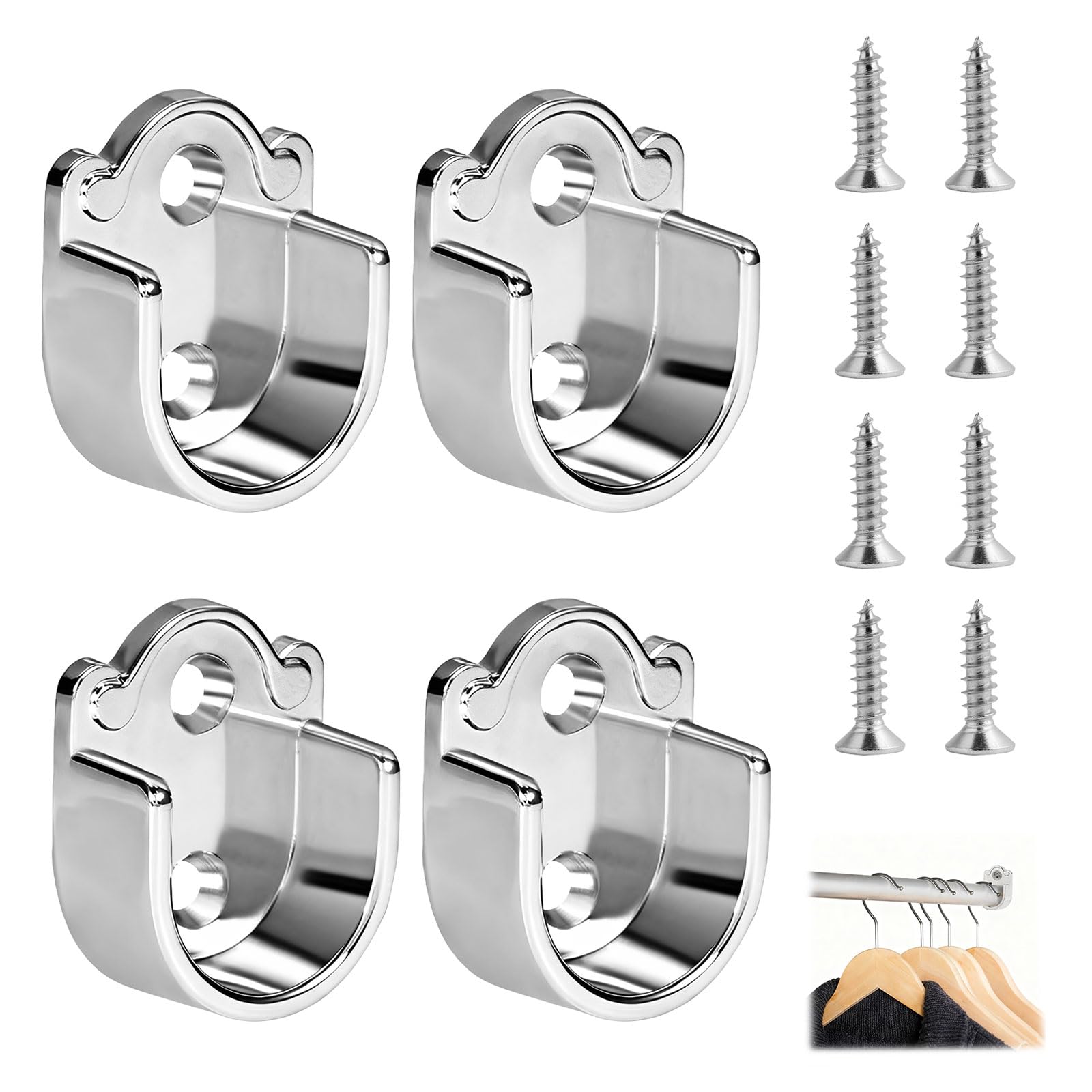 GIONAR 4Pcs Wardrobe Rail Bracket, Wardrobe Rail Support for 19mm round Tube, Zinc Alloy Material, Non-slip U-shaped Bracket with Screws, Pole Brackets for Cloakroom and Bathroom