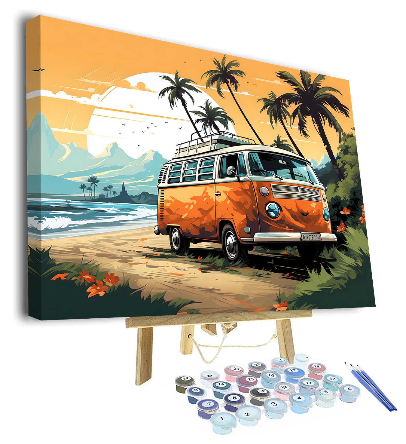TISHIRON Peinture par numéros pour adultes - Voiture sur la plage - Adultes - Peinture par numéros - Bus de voyage - Coucher de soleil - Paysage - Peinture par numéros avec pinceaux - Peinture à