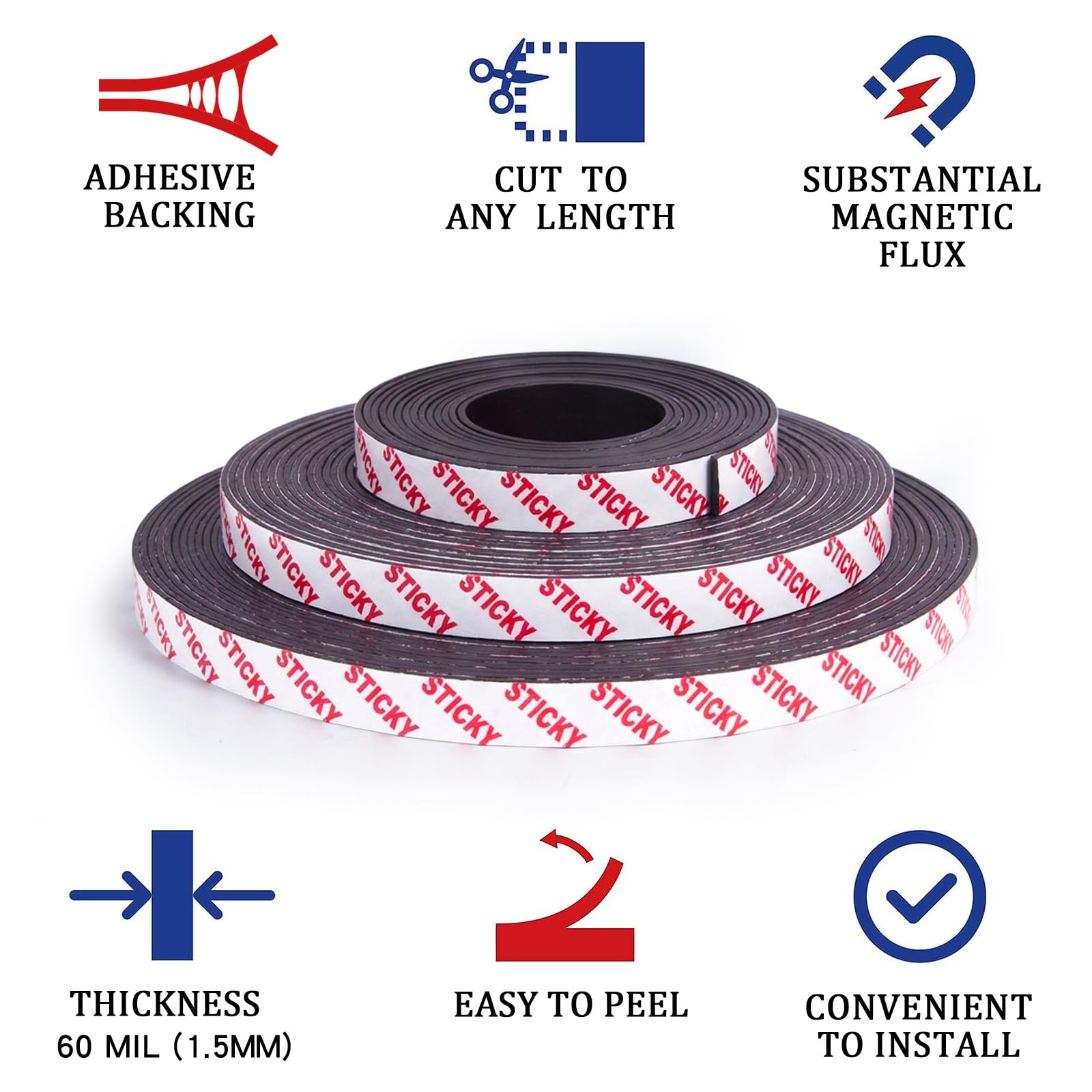 Towjug Rollo de cinta magnética con parte trasera adhesiva 3M, (1 pulgada de ancho x 40 pies de largo), tiras adhesivas flexibles resistentes para cocina, garaje, pizarras blancas, nevera