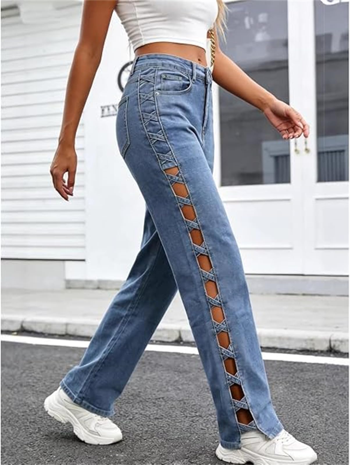 Jeans pour Femmes à Taille Haute et Jambes Droites - Pantalon en Denim Tendance avec découpe latérale à Lacets