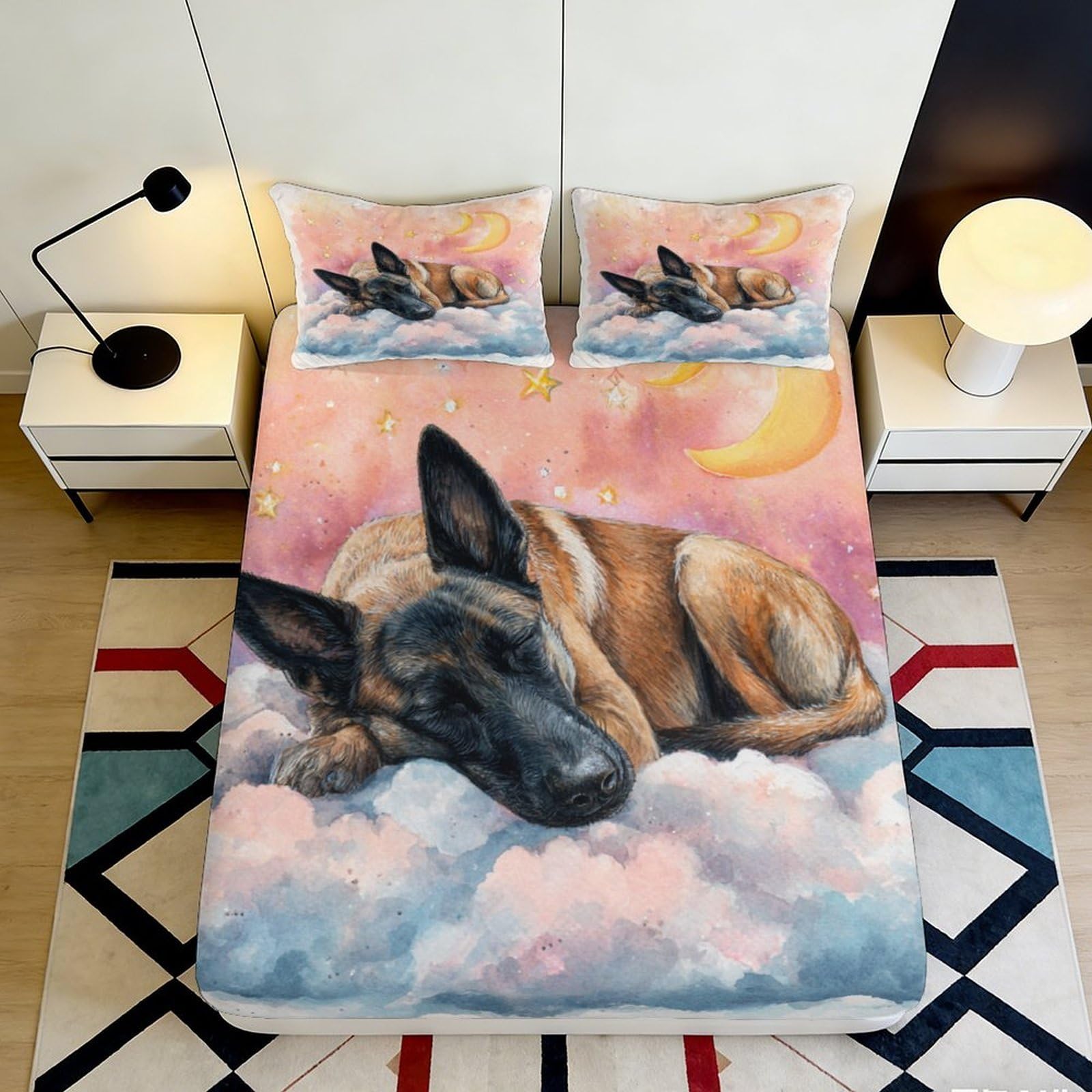 3D Printed Dreamy Dog Cloud Fitted Sheet Microfiber Soft Washable Moon Sky Mattress Cover for Bedroom Decor 90x200x25cm