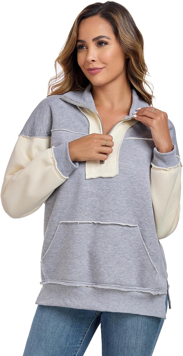 ALSOGO Women's Half Zip Oversized Sweatshirts Fleece Long Sleeve Colorblock Casual Pullover with Pockets 2025 Spring - Image 7