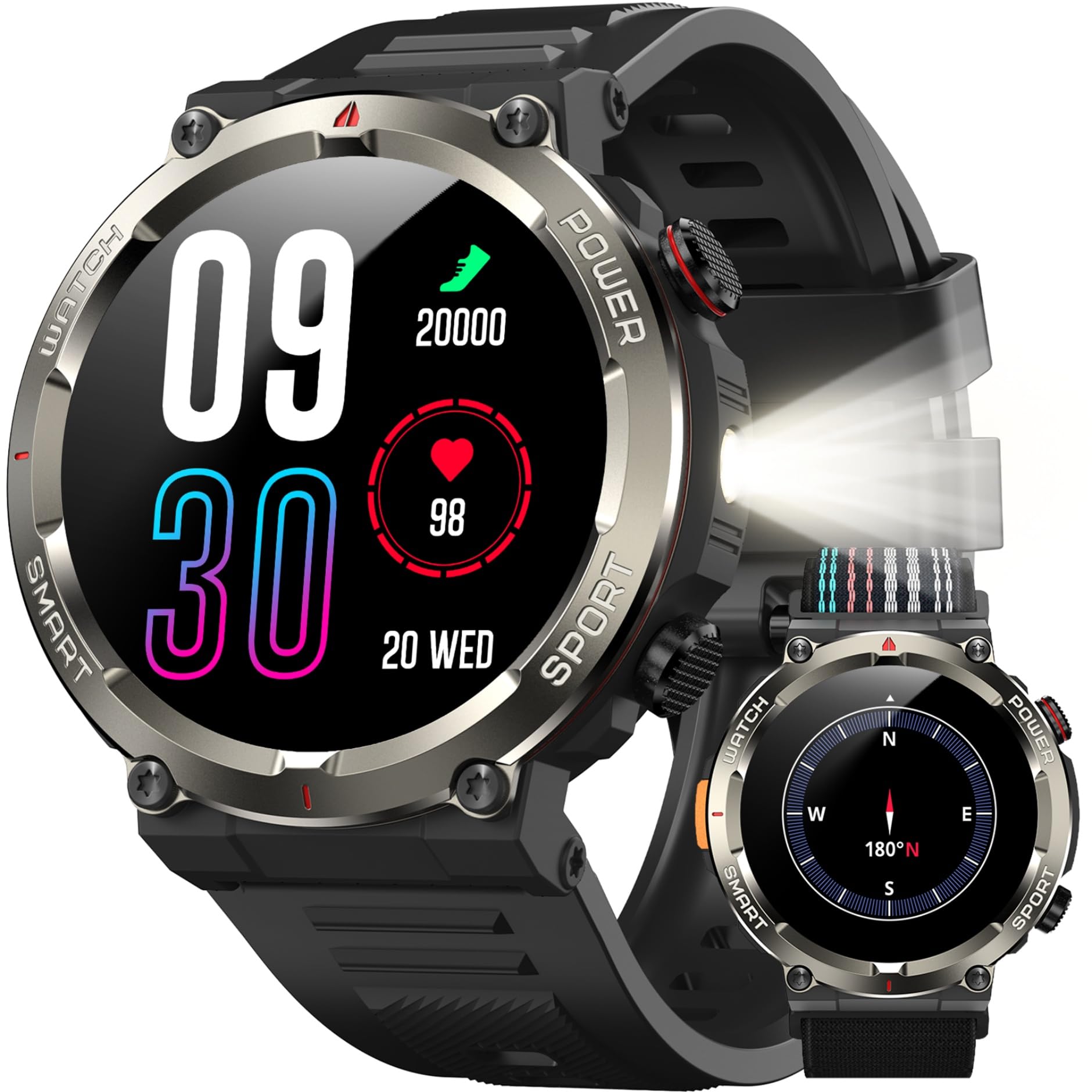 IOWODO Reloj Inteligente Hombre con Llamadas, 1.45" Militar Smartwatch con Linterna y Brújula, 960mAh Batería, 123 Modos Deporte, Monitor Cardíaco 24h/SpO2/Sueño, IP68, 2 Correas(iOS/Android) ClimeCo Certified