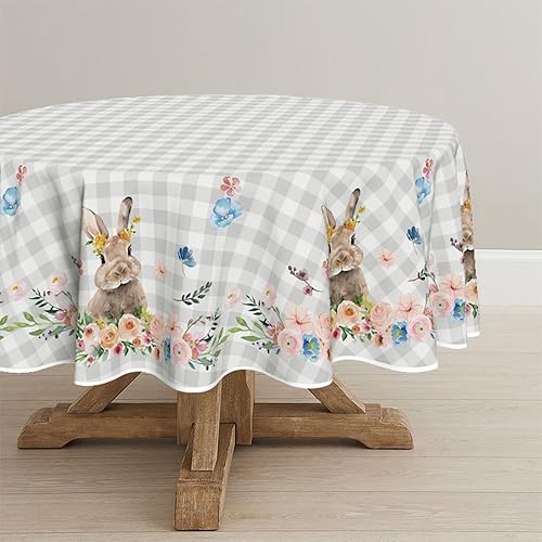 Horaldaily Mantel redondo de Pascua de 60 x 60 pulgadas, diseño de flor de primavera, diseño de búfalo a cuadros, para decoración de fiestas,