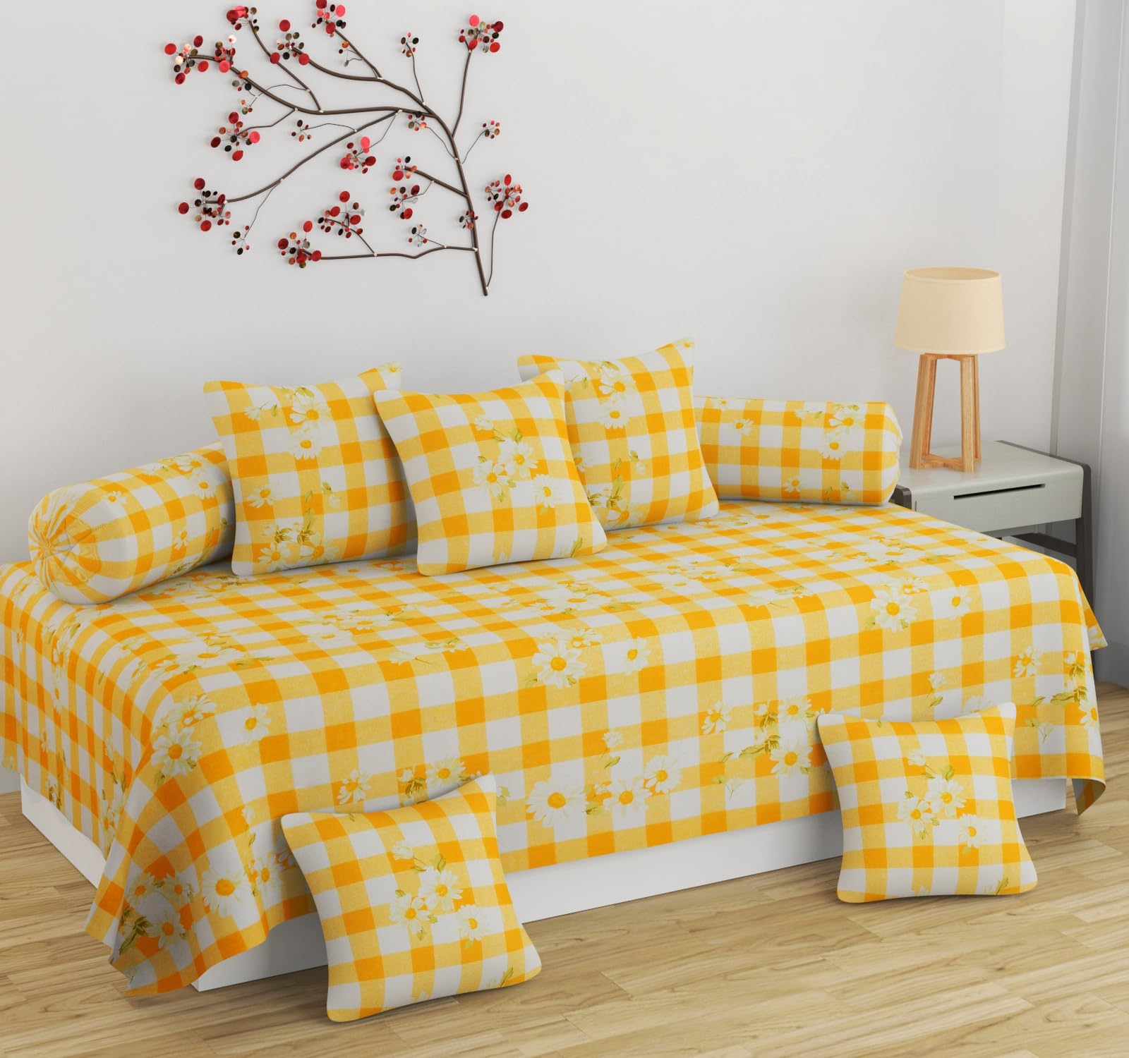 Pure Cotton Designer Printed Standard 6 Pieces Diwan Set Bedsheet Covers (1 Single Bedsheet, 2 Bolster Covers, 3 Cushion Covers, Multicolor Mustarded Green Leaf)-image-25