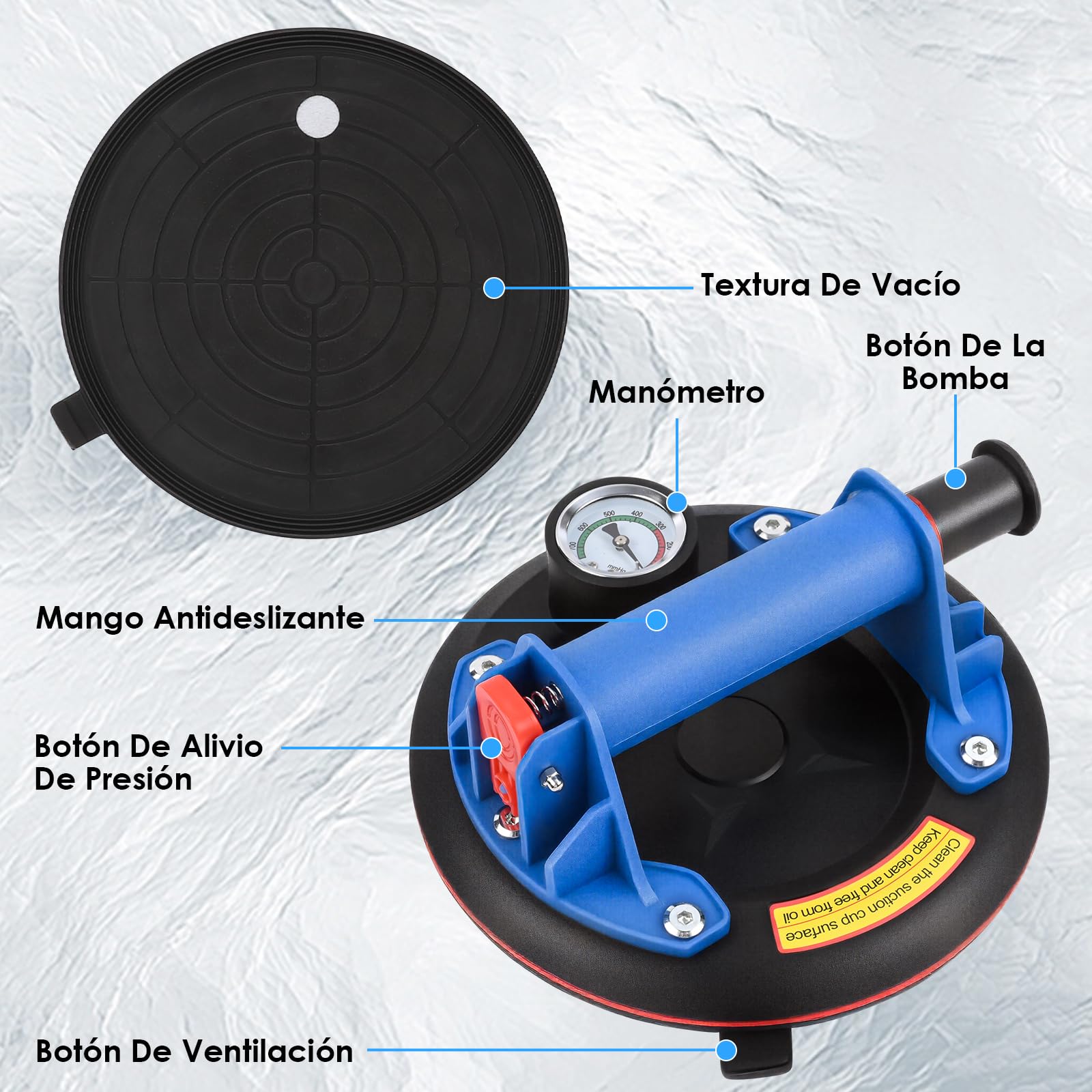2 Piezas 8" Ventosas para Cristal con Manómetro, Ventosa Capacidad de Carga Máxima 200 kg, Ventosa Cristal con Caja de Transporte para Vidrio, Azulejos, Mármol, Azul