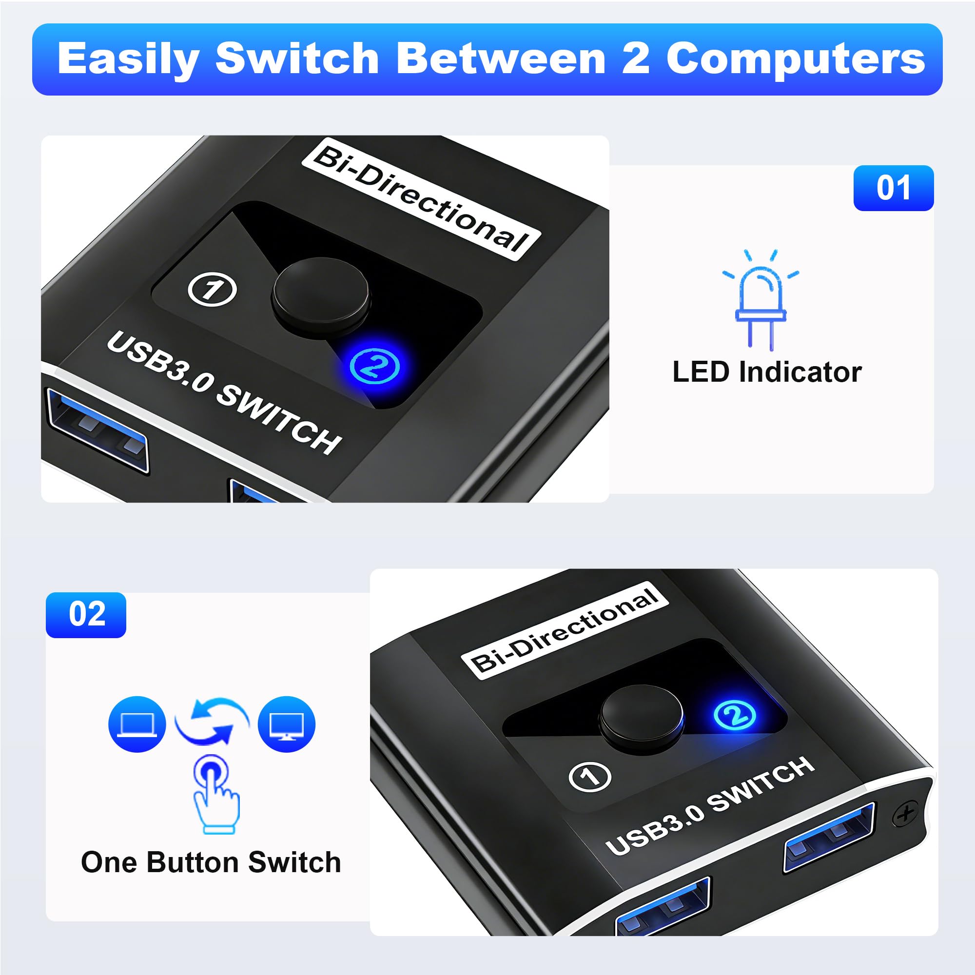 Switch USB Bidirezionale USB Switch 2 in 1 out (1 in 2 out) Switch KVM, condivisione di 1 dispositivo tra 2 computer per stampante, PC, stampante, tastiera, scanner