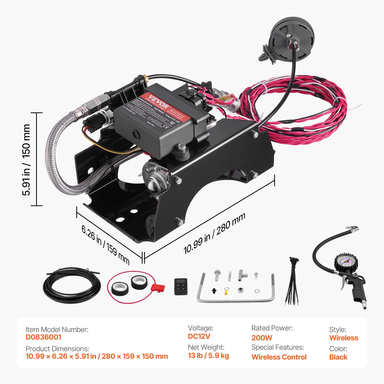 VEVOR Kit de Controlador de Amortiguador de Aire Sistema de Compresor de Aire Inalámbrico 12 V 100 PSI Kit de Compresor de Suspensión Neumática Sistema de Ruta Única Línea de Aire para Camioneta