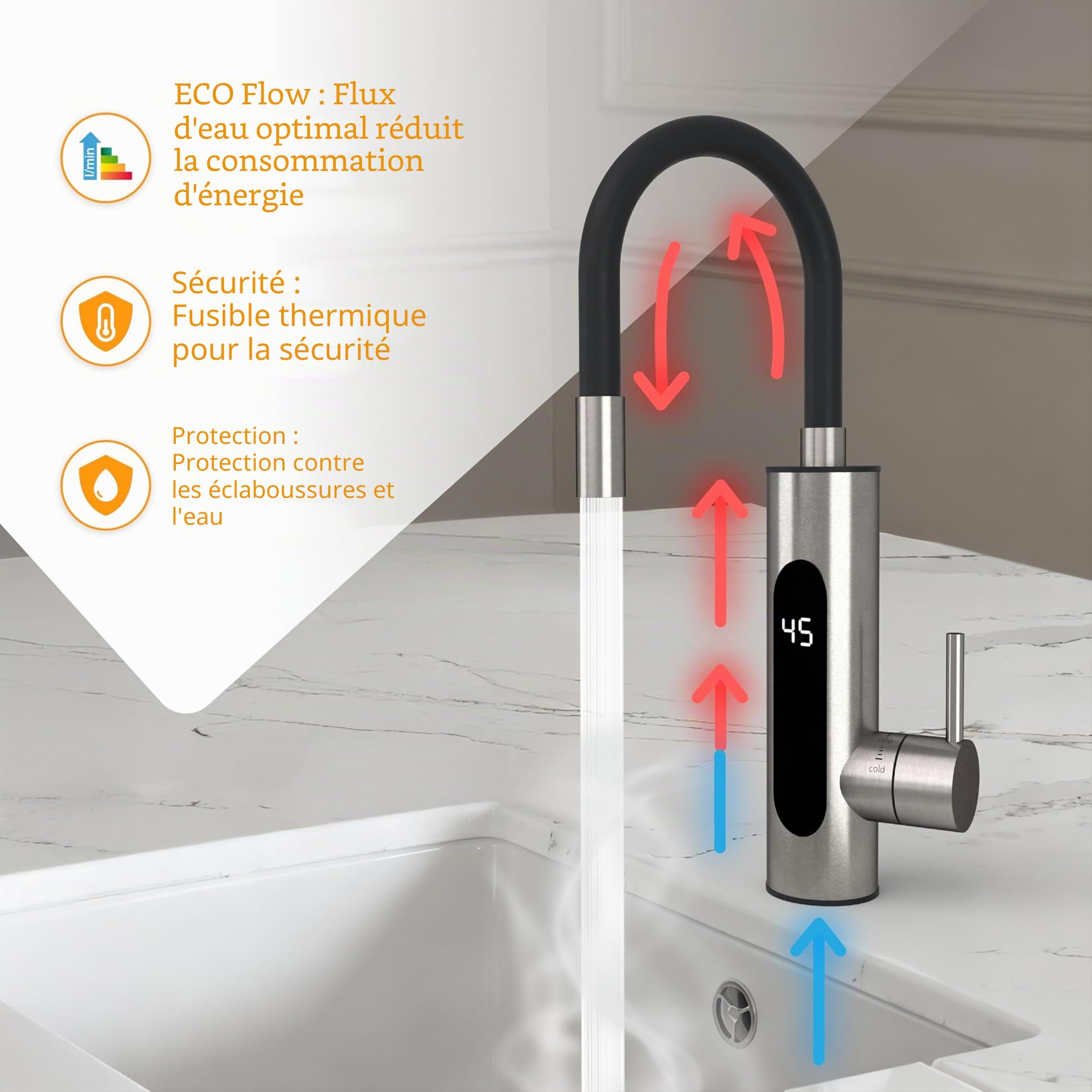 HOGART Robinet électrique avec chauffe-eau instantané 230 V pour cuisine, jardin, salle de bain, caravane, camping, 2 embouts, chauffage intelligent, robinet avec chauffe-eau instantané, robinet d'eau