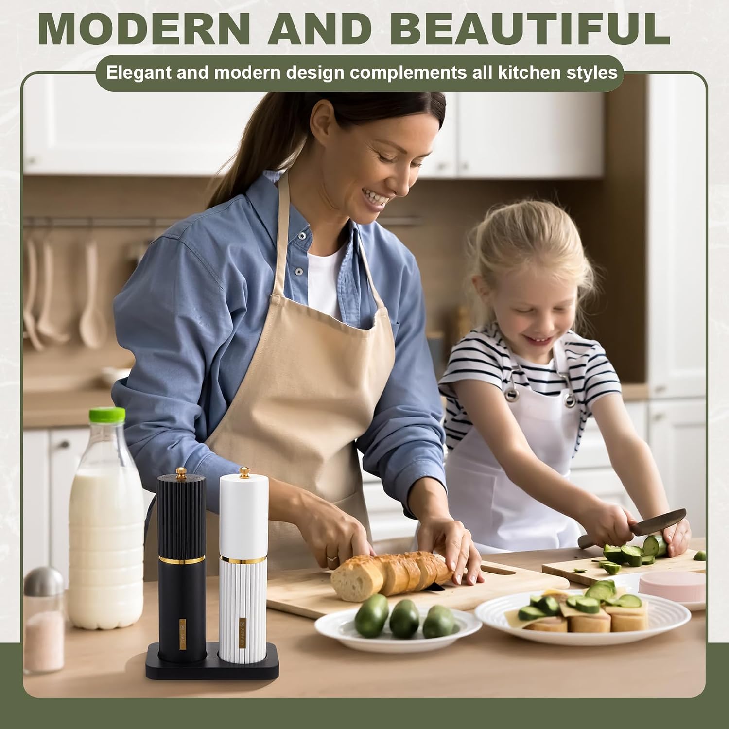 Wooden Salt and Pepper Grinder Set 8 Inch Manual Salt and Pepper Mill with Tray Adjustable Coarseness and Refillable Wood Grinders with Gold Bottle Label for Kitchen Gift(Black,White)