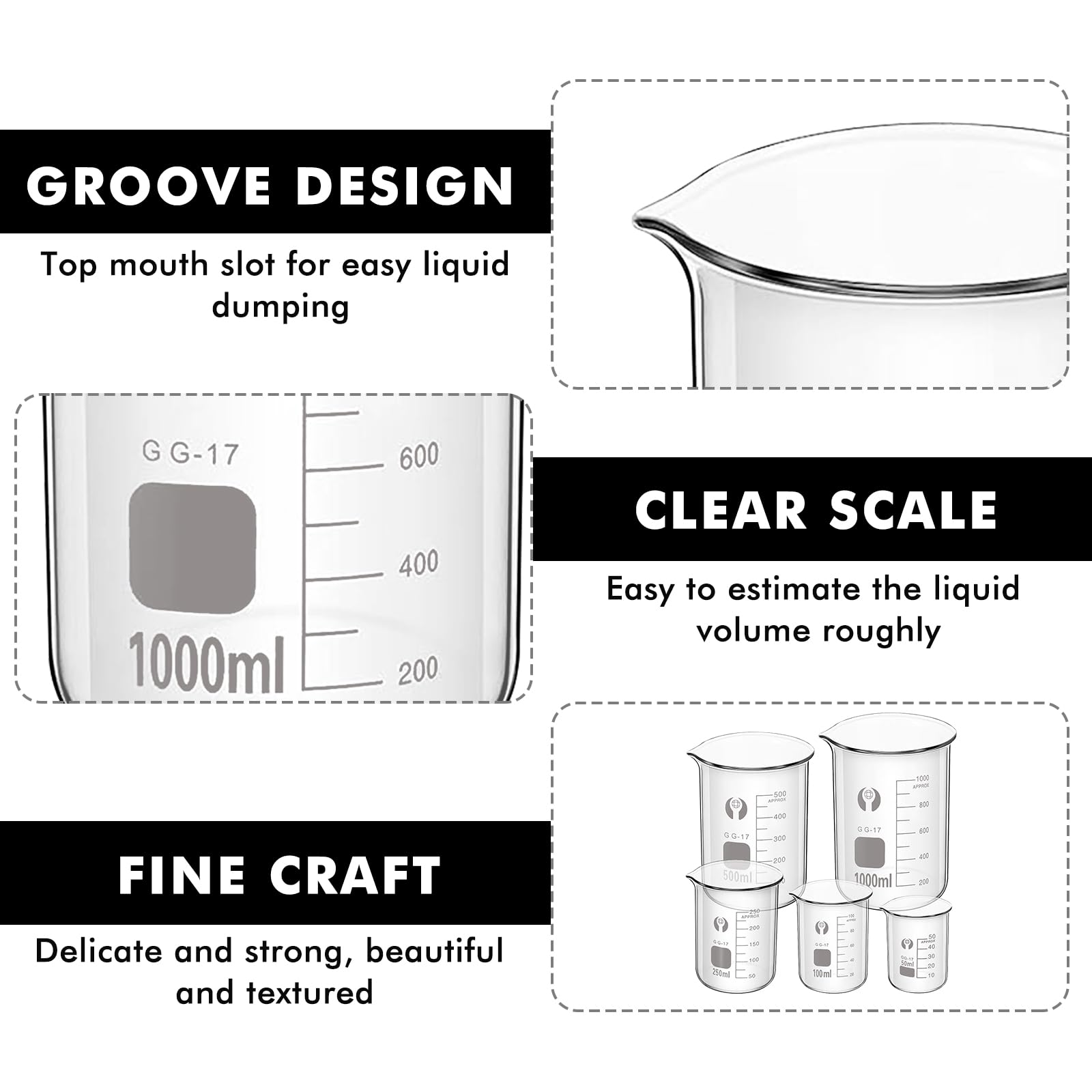 Glas Becherglas Set 50 ml 100 ml 250 ml 500 ml 1000 ml, 5er Set Abgestufter Messbecher, Borosilikatglas Glasbecher für Labor, Glasmessbecher-Set, für Labore, Klassenzimmer Heimgebrauch