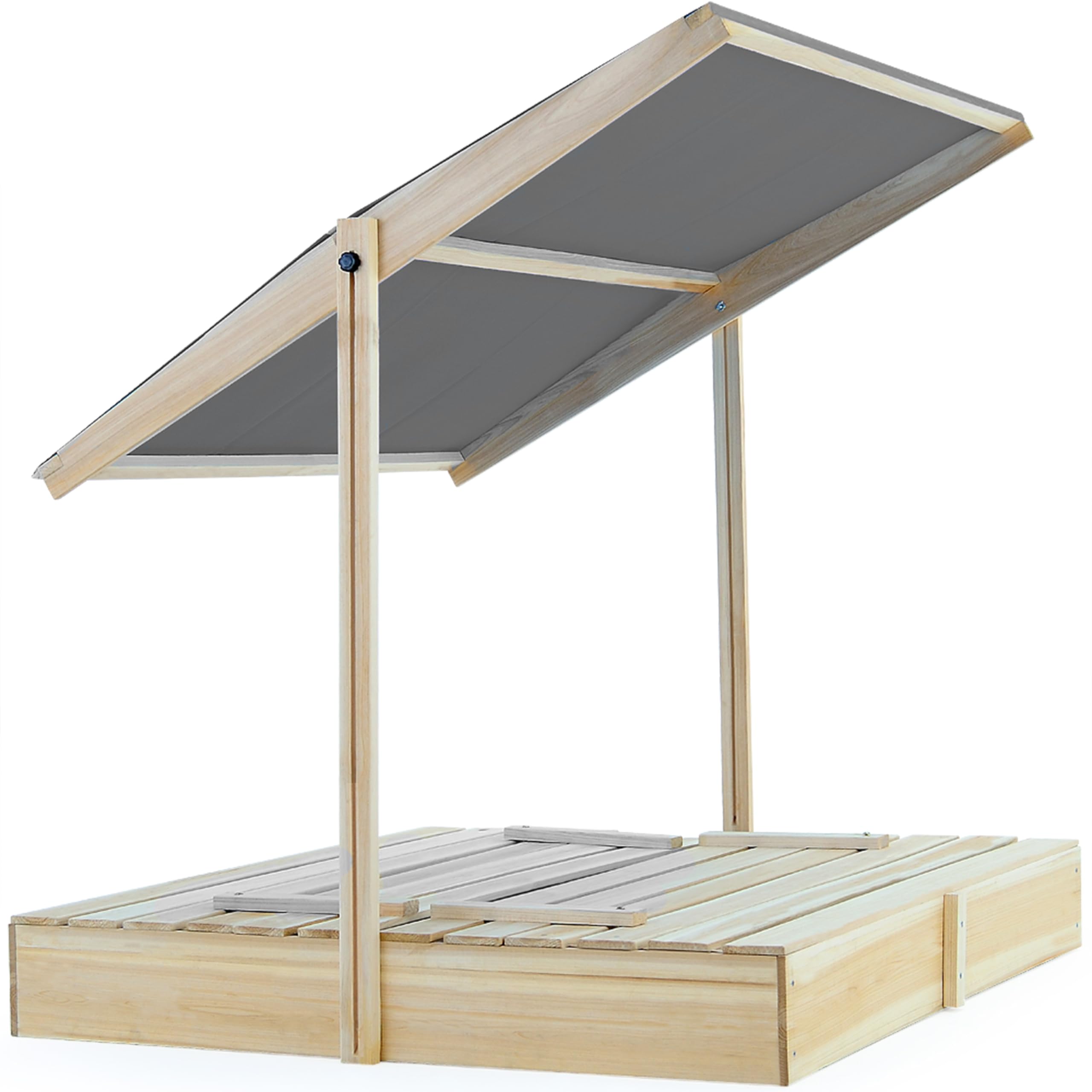 Spielwerk® Sandkasten Toni Sonnendach Sitzbank 120x120x120cm Naturholz Fichtenholz UV-Schutz Sandbox UV50+ Kantenschutz Bodenvlies Outdoor Kinder | Soft Play, ideal mit Kinetic Sand, Kleinkind-Gartenspielzeug, Holzspielhaus Sandkasten mit 2 Bänken & Boden