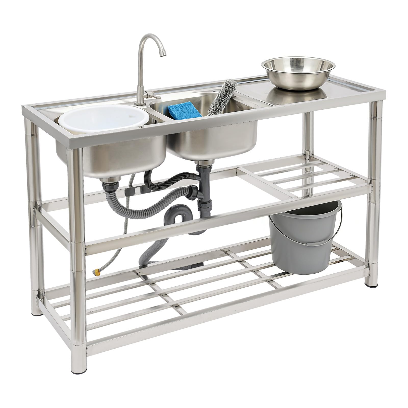 Lavello da cucina in acciaio inox con mobiletto sottolavello da cucina a doppio lavello Deluxe, da 120 x 45 x 80 cm, autoportante, con unità di scarico e rubinetto, set completo