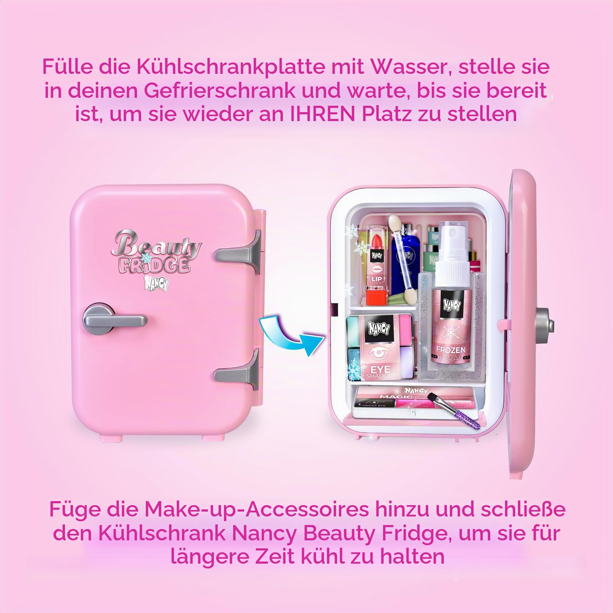 Nancy Beauty Fridge, Puppe, vorbereitet für eine Schönheitsroutine, Make-up-Zubehör mit Kühlschrank, kühlt wirklich mit Einer Eisplatte, ab 3 Jahren, Berühmte (NAC74000)