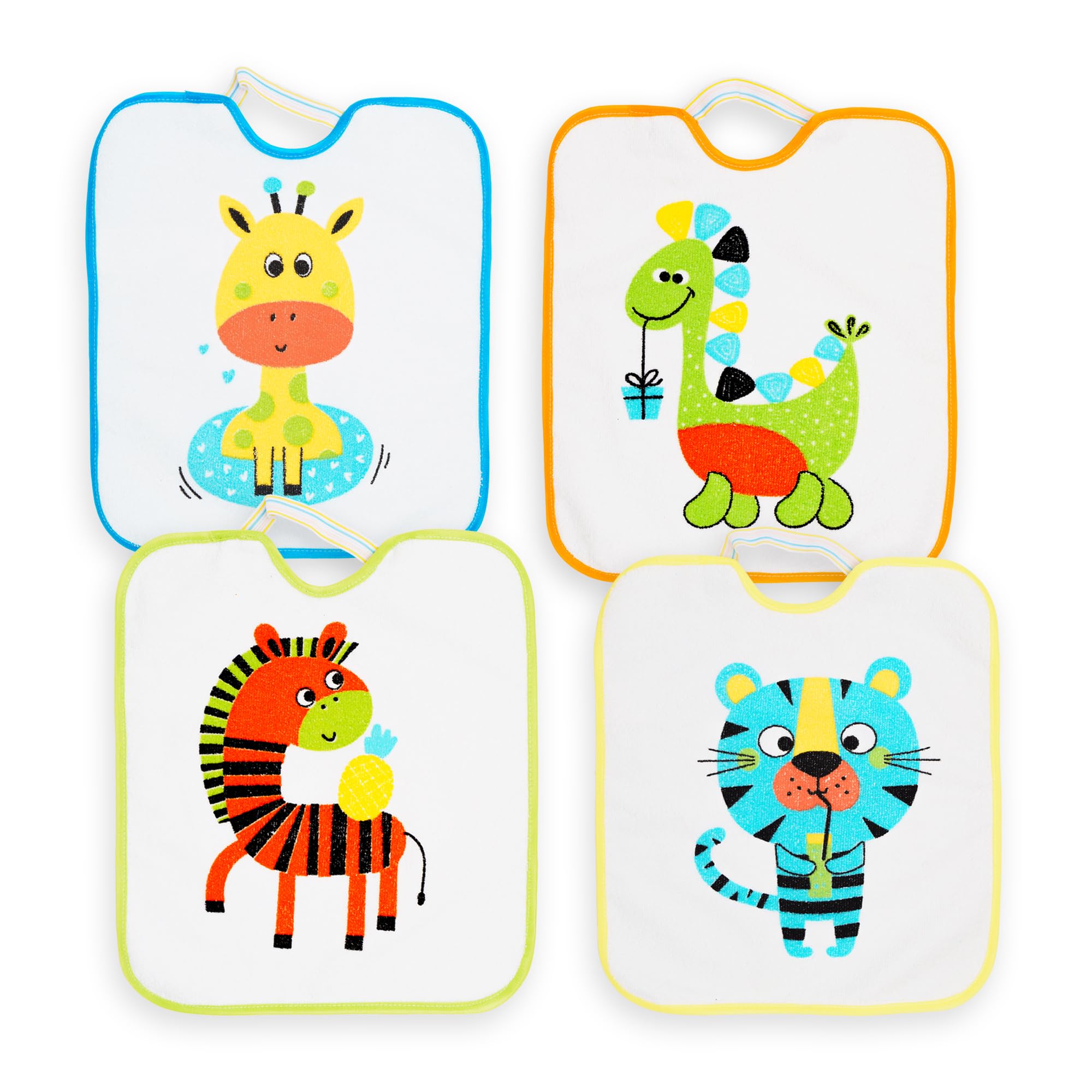 Ti TIN Lot De 4 Bavoirs Bébé Imperméables | Éponge 73% Coton 27% Polyester |Fermeture Élastique | Motifs Animaux |Parfaits Pour Maternelle Cantine | Facile À Nettoyer.