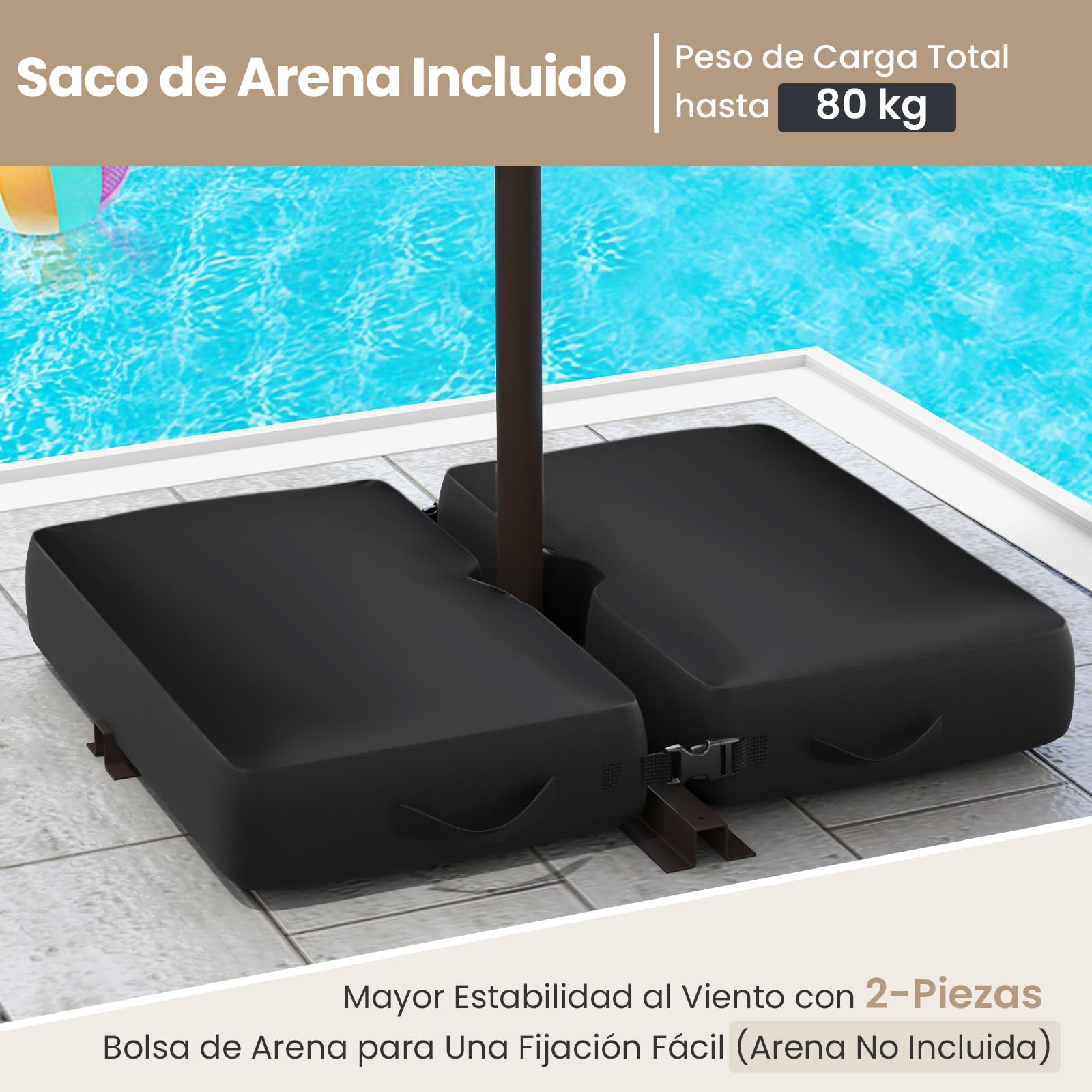 COSTWAY Sombrilla Terraza Exterior con Base, Parasol Excentrico 3x3 con 40 Luces LED, Sombrilla Jardin Inclinable con Manivela, Patio, Jardín, Terraza, Piscina, Playa (café)