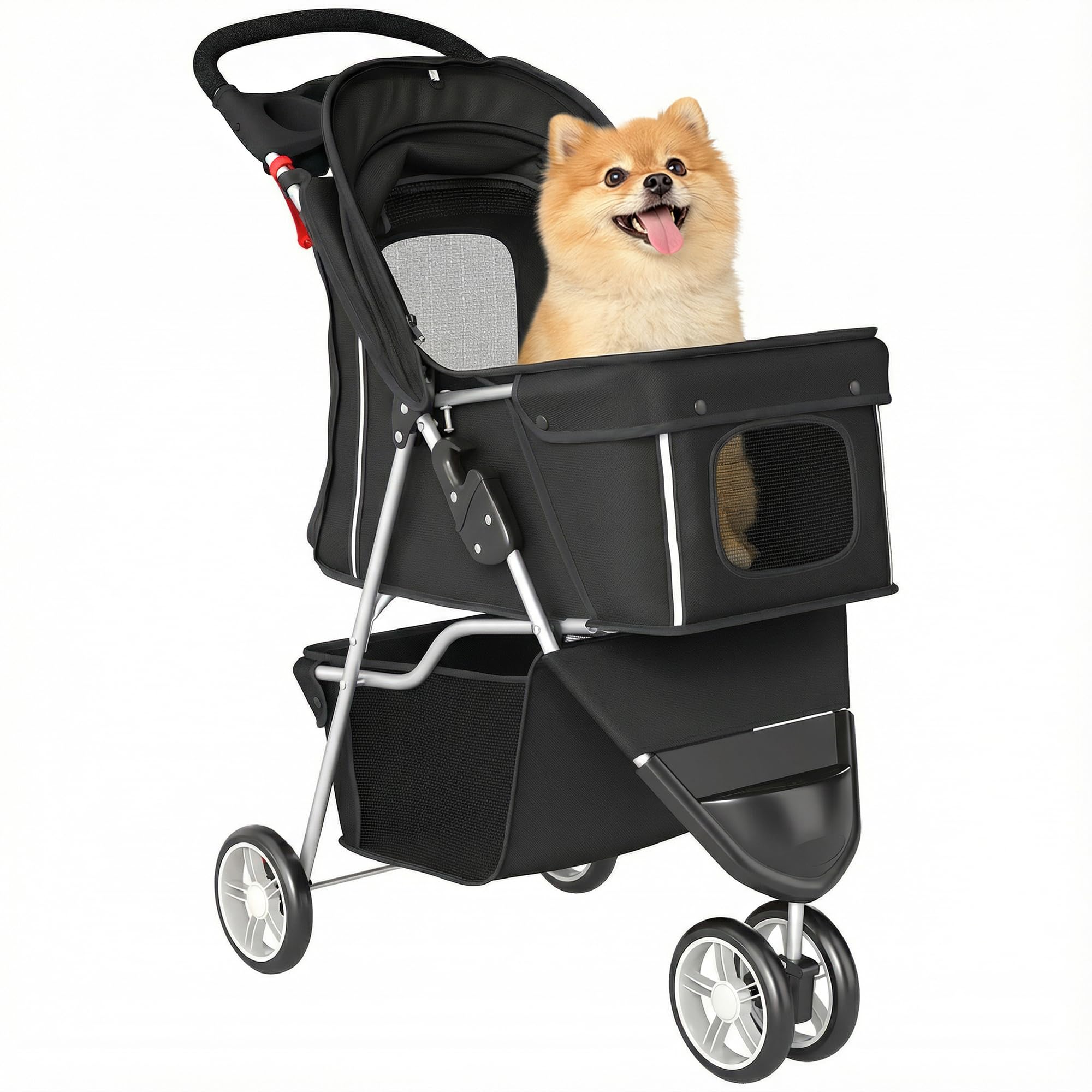 PawHut Hundewagen Hundebuggy Faltbar klappbar Katzenwagen bis 10kg mit Aufbewahrungskorb, Kissen, Netzfenster, Getränkehalter, 3 Räder, Aufbewahrungstasche, Haustierbuggy für kleine Hunde, Schwarz