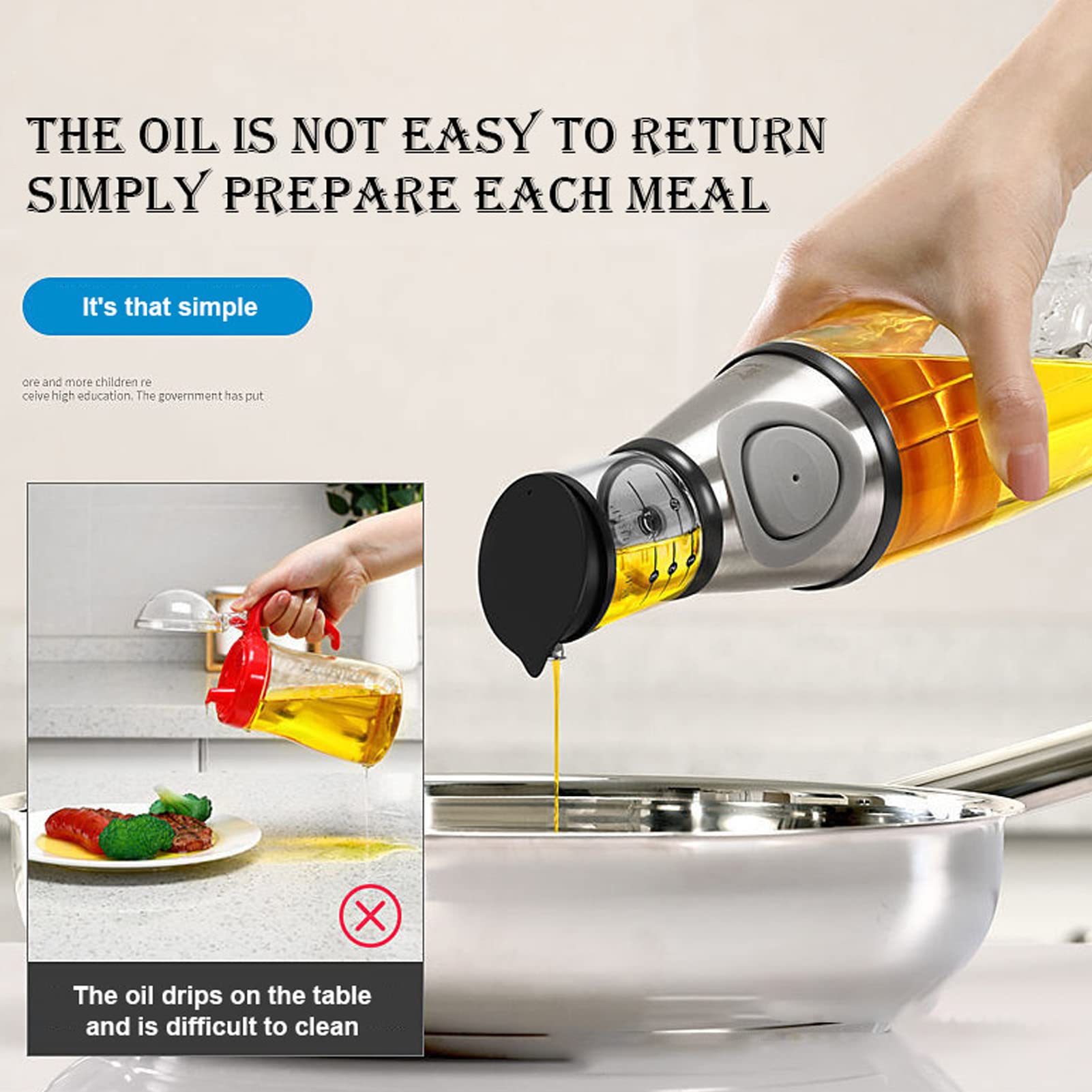 Bottiglia Dispenser per Olio, 500ml Dispenser per Olio da Cucina in Vetro con Pompa Graduata Bottiglia Dispenser per Olio e Aceto Ricaricabile per Cucinare, Insalate (Argento)
