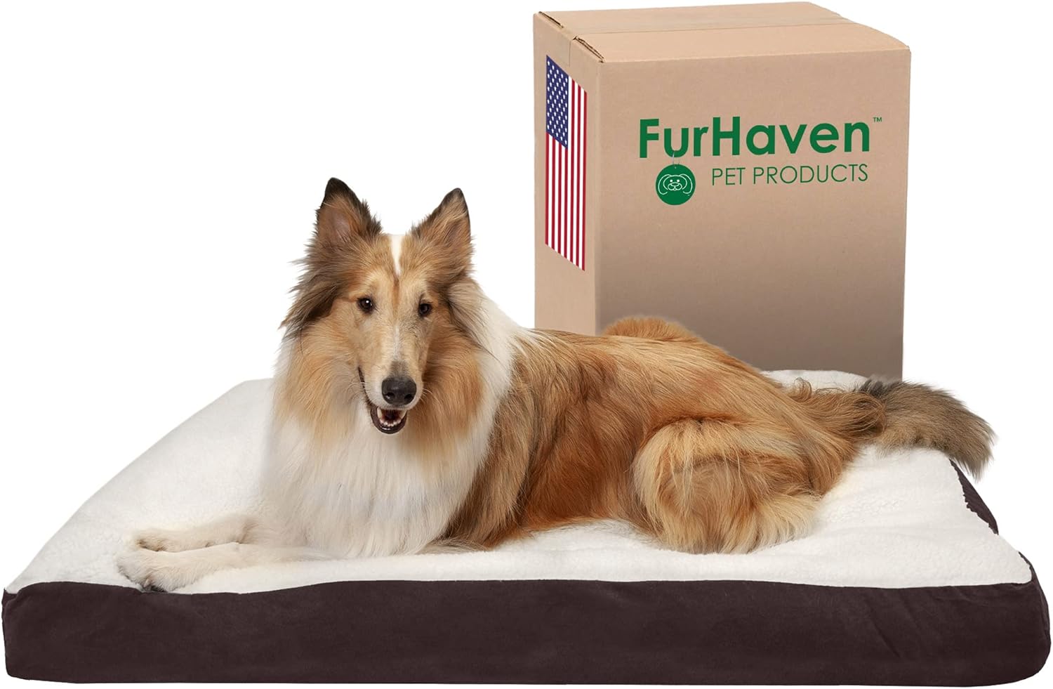 Furhaven Pillow Dog Bed for Large Dogs w/ Removable Washable Cover - Sherpa & Suede Mattress - Espresso, Jumbo/XL 40.0"L x 32.0"W x 4.0"Th Sherpa & Suede Espresso