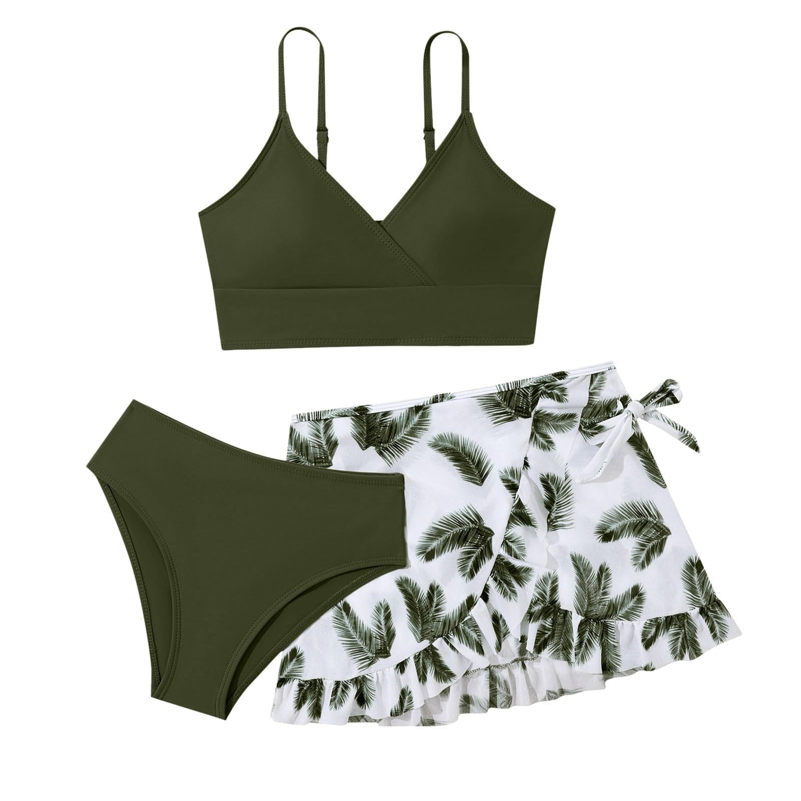 3 Stück Badeanzug Mädchen Bademode Set Mit Einfarbig Bikini Tops Rüschen Blumenmuster Rock Triangel Slips Badeanzug Jugendliche Kinder Sportlich Arena Dünne Schultergurt Badeanzug