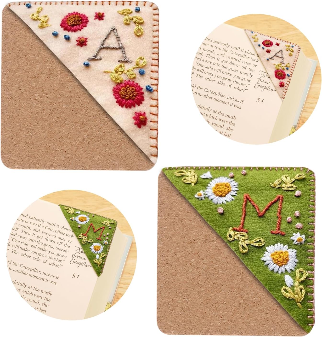 2 Pcs Personalized Hand Embroidered Corner Bookmark Unique Cute Flower with Letters Handmade Custom Bookmark Ideal for Book Lovers and Meaningful Gifts (Summer, M & Autumn, A)