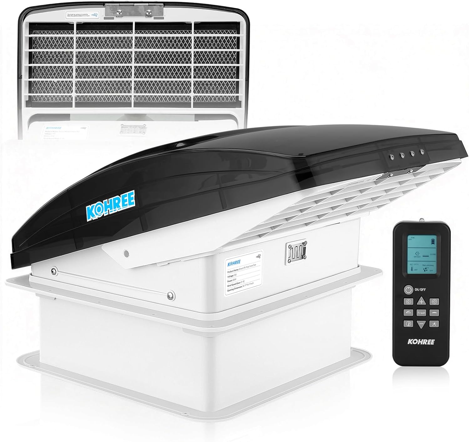 Kohree Deluxe RV Vent Fan, RV Fan and Vent Cover All in One - Powerful 10-Speed Reversible Fan with Thermostat, Built-in Rain Cover, Remote Control, Intake & Exhaust Fan, Black