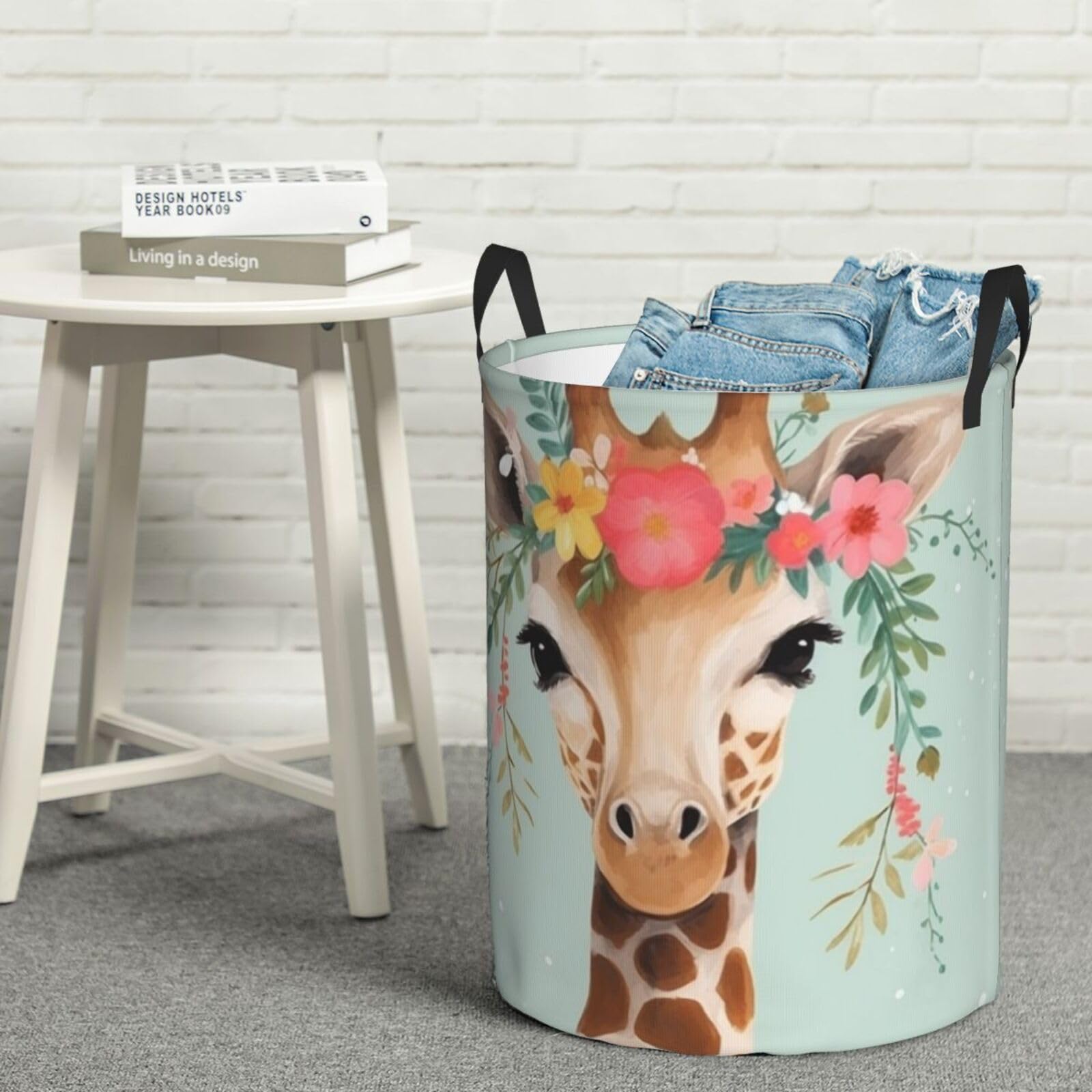 Fodpand Black Giraffe With Floral Laundry Basket With Handle, Freestanding Laundry Hamper, Collapsible Dirty Clothes Hamper, Waterproof Fabric Blanket Storage Basket Tall Toy Storage Bin Room Decor Medium