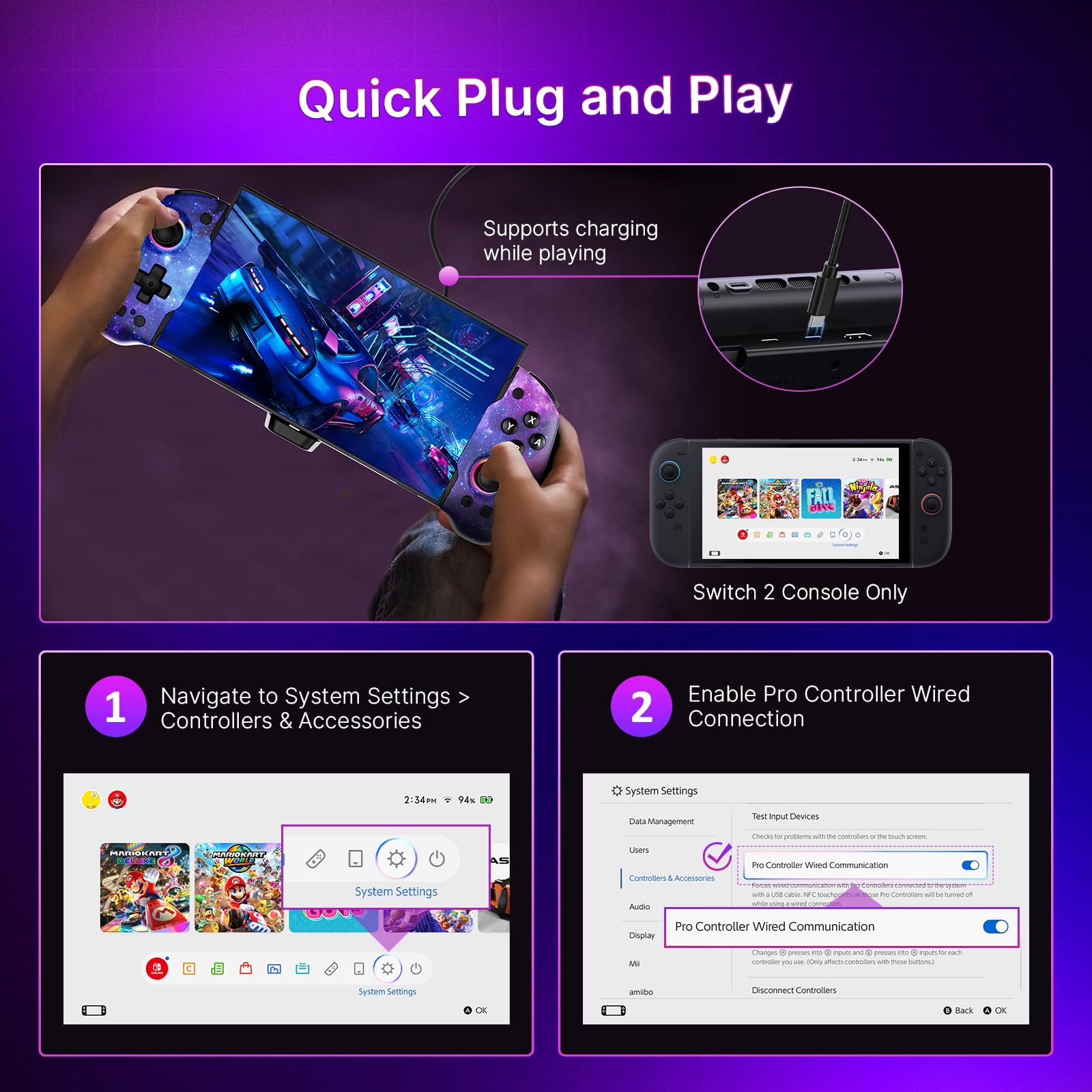 NexiGo Hall-Effekt-Gripcon mit Tragetasche für Switch 2, 4K-HDMI-Ausgang für TV-Modus, Handheld-Controller mit Hall-Sensing-Joysticks und Triggern, RGB-Lichter, Mapping, 6-Achsen-Gyro, Turbo, Cosmic