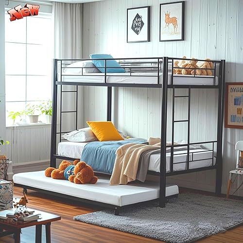 Heavy Duty Metal Bunk Bed Twin Over Twin for Kids Adults, Modern Style Twin Over Twin Bunk Bed with Trundle, Latest Version Twin Size Bunk Beds Frame, Convertible Bunkbed with Safety Guard Rails